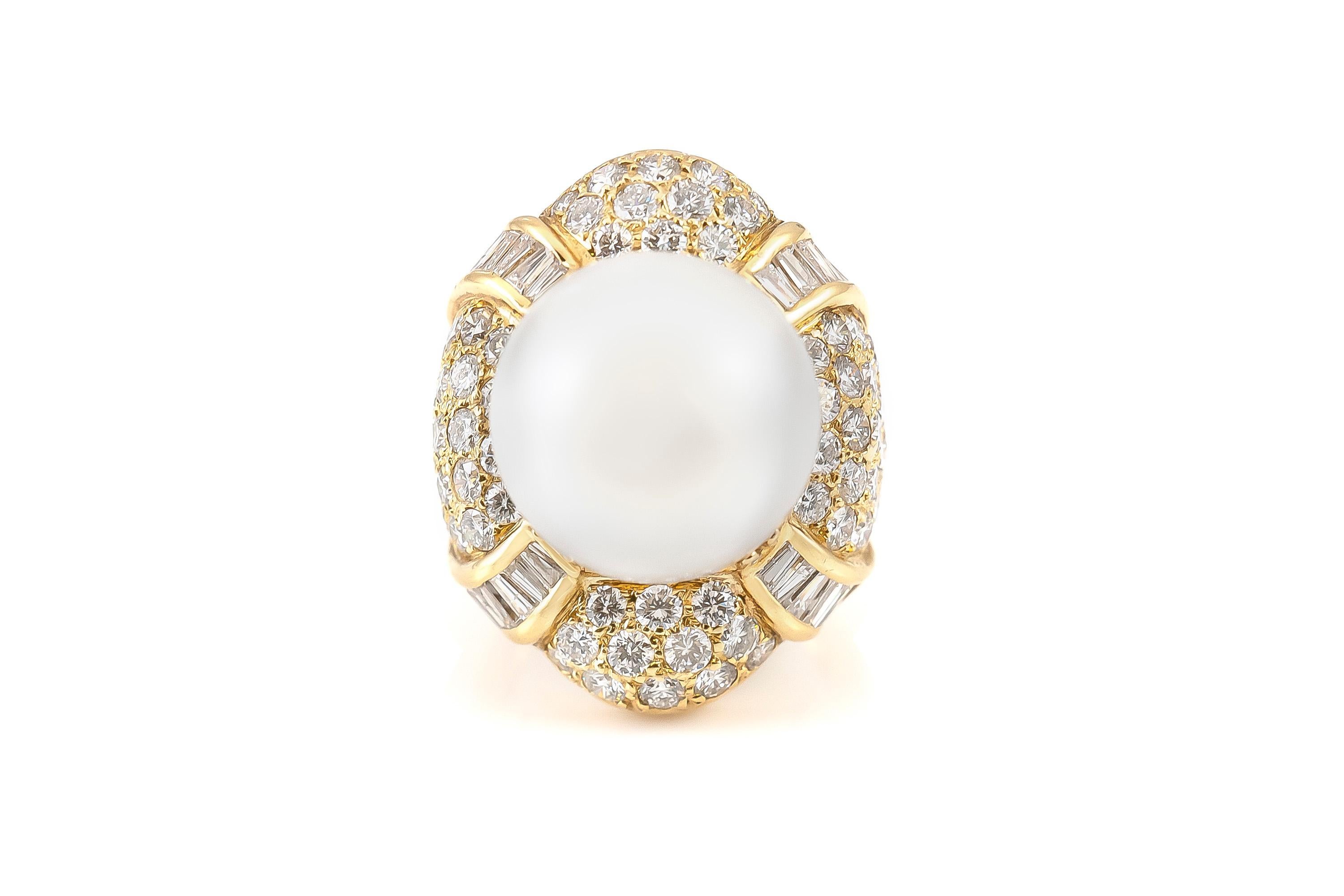 Round Cut 1980s Pearl with Diamonds Ring