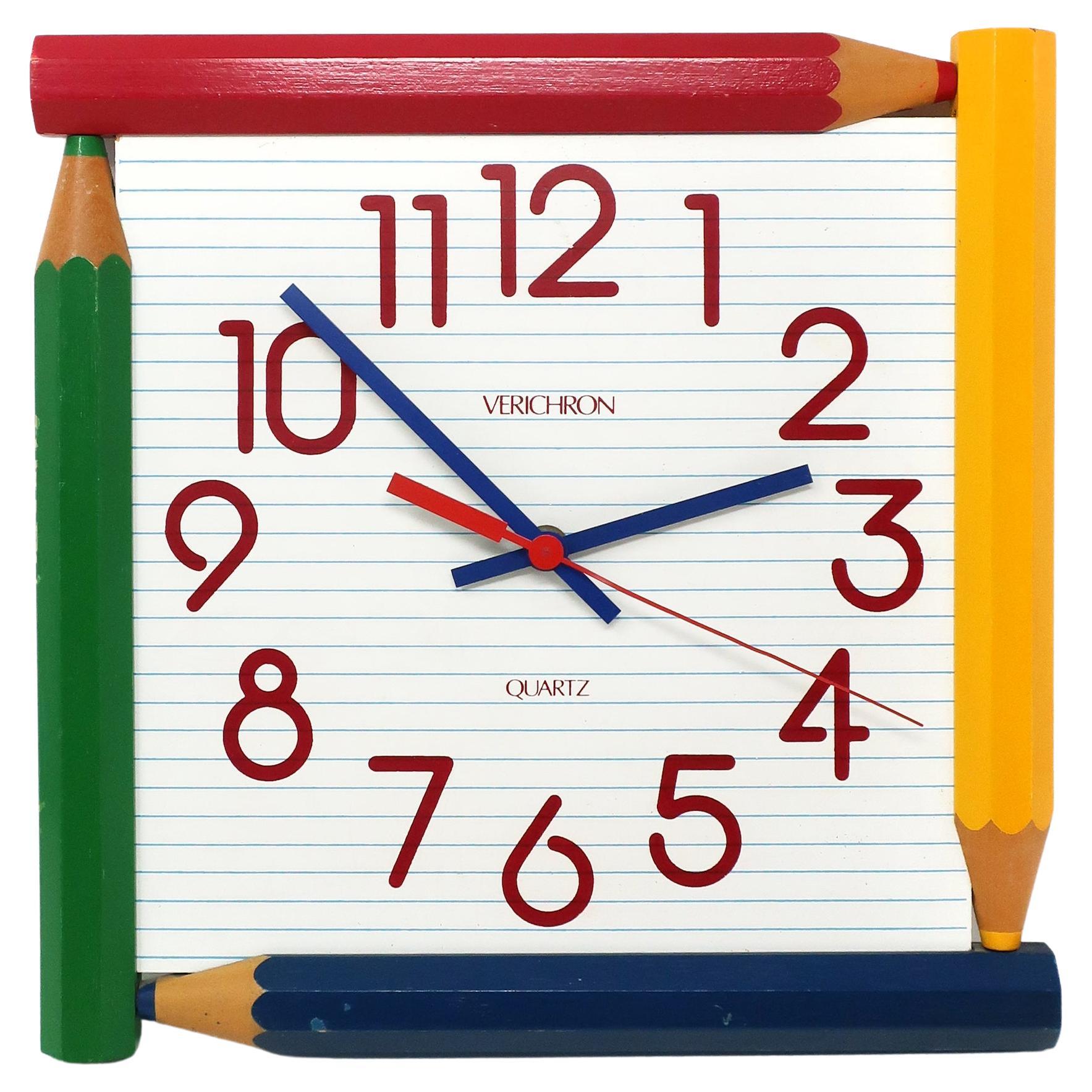 1980s Pencil & Notebook Wall Clock by Verichron For Sale
