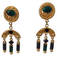 Vintage 1980s Gold Tone Clip-On Earrings with Colorful Stones, Unisex