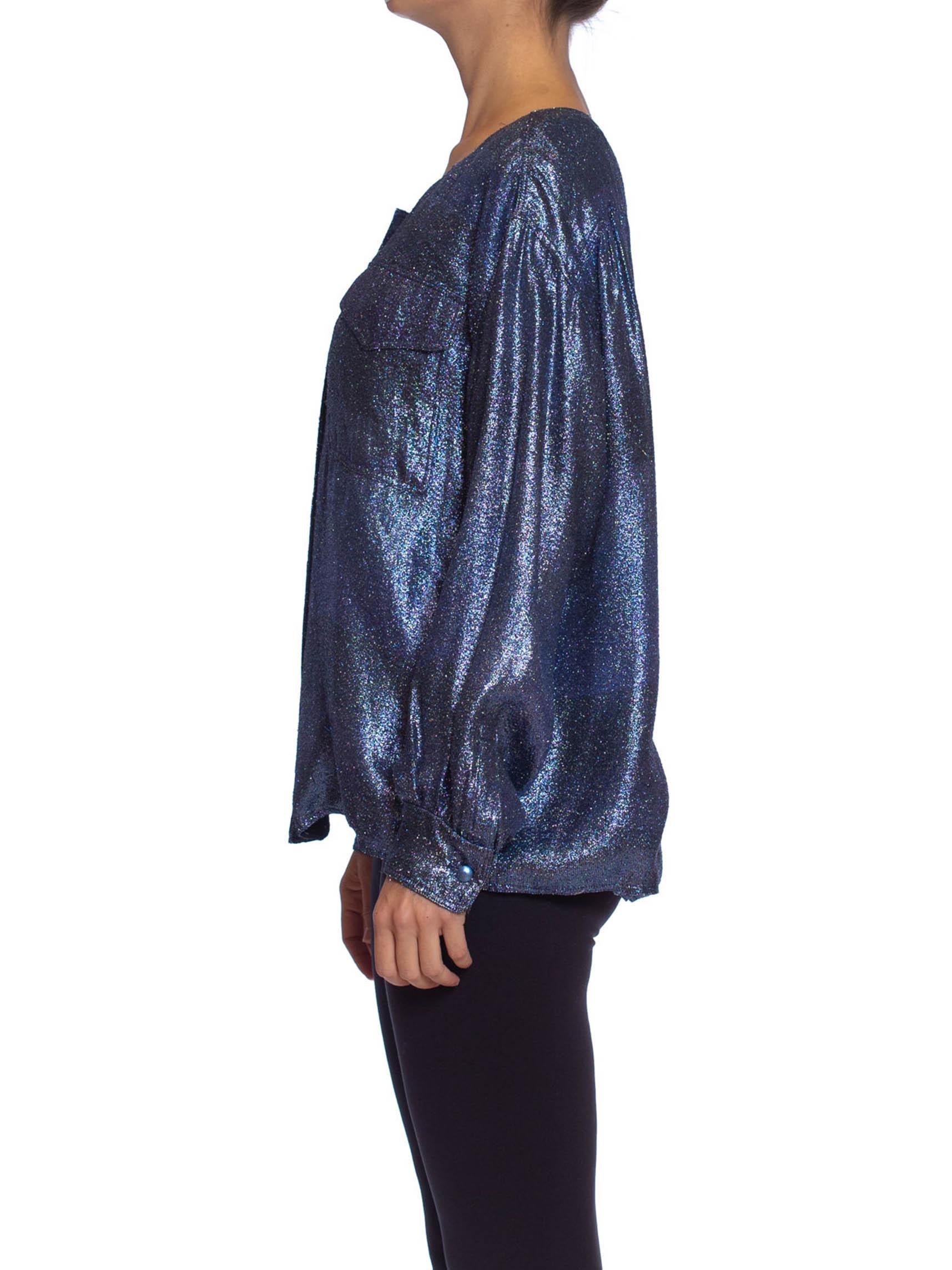 1980S PER SPOOK COUTURE Teal Metallic Silk Lurex Chiffon Military Styled Blouse For Sale 2