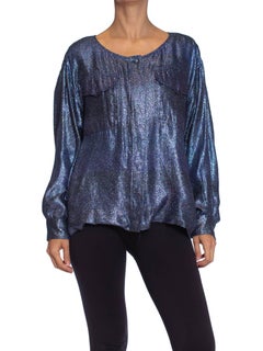 1980S PER SPOOK COUTURE Teal Metallic Silk Lurex Chiffon Military Styled Blouse