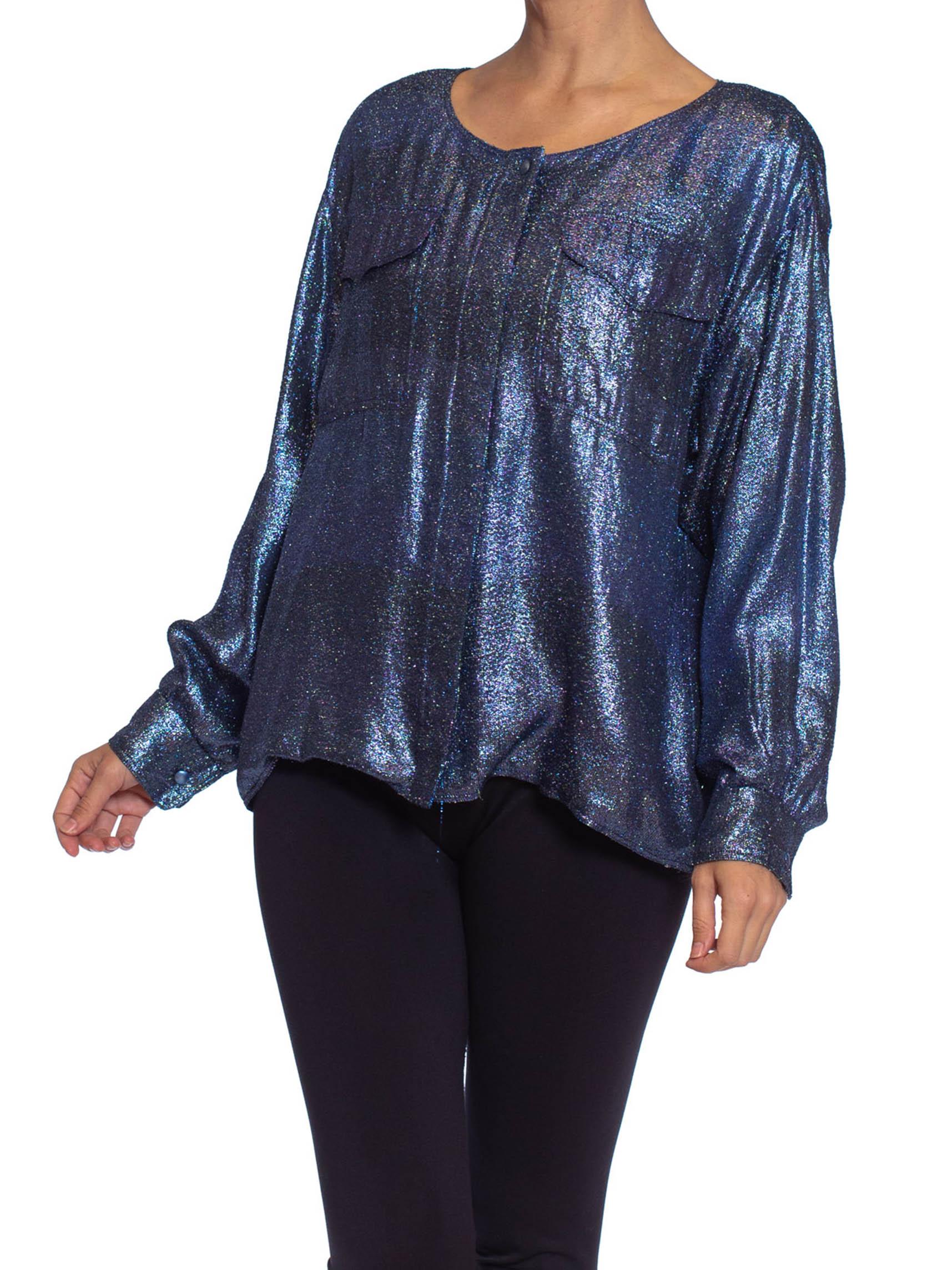 Purple 1980S PER SPOOK COUTURE Teal Metallic Silk Lurex Chiffon Military Styled Blouse For Sale