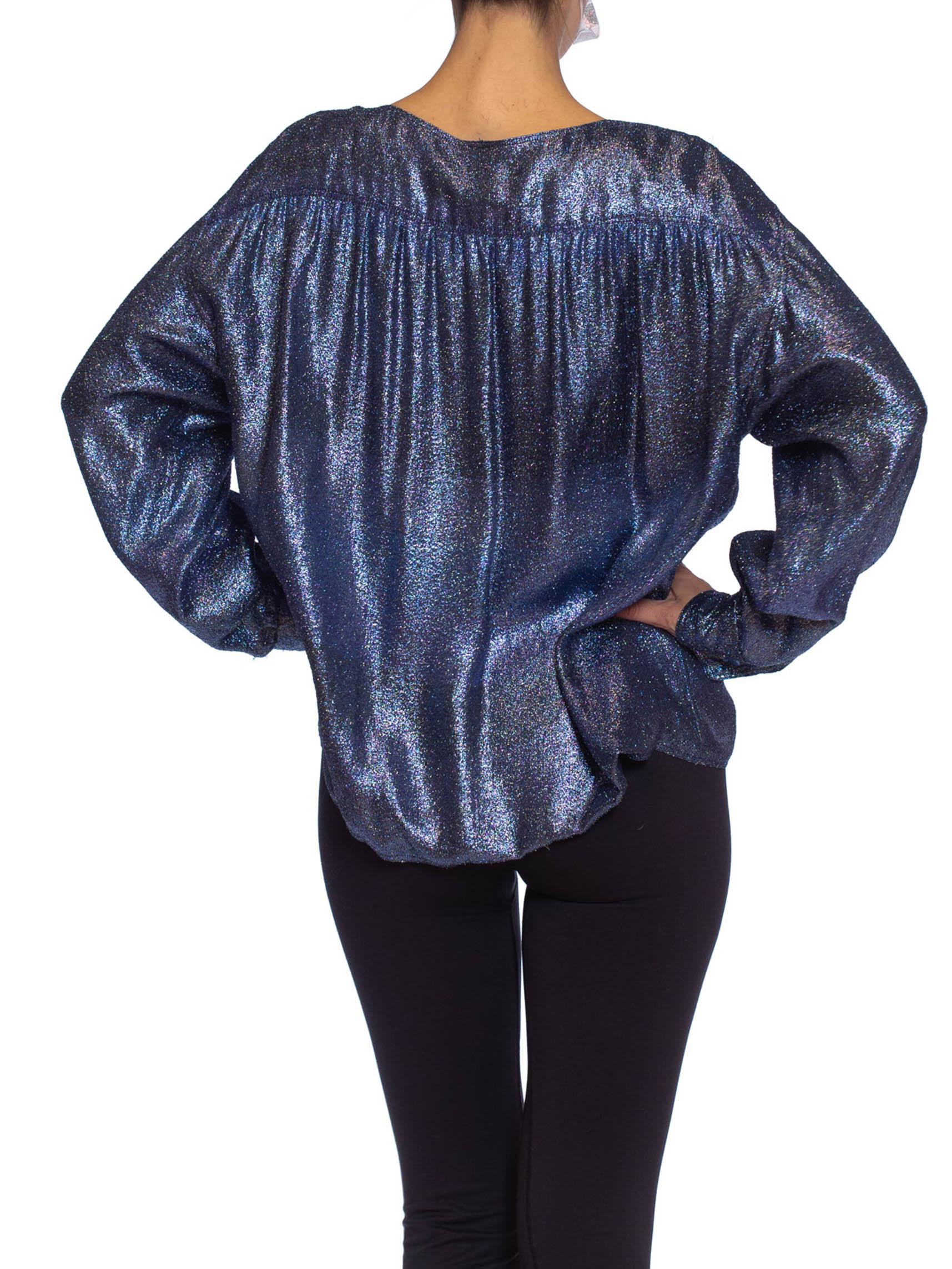 1980S PER SPOOK COUTURE Teal Metallic Silk Lurex Chiffon Military Styled Blouse In Excellent Condition For Sale In New York, NY