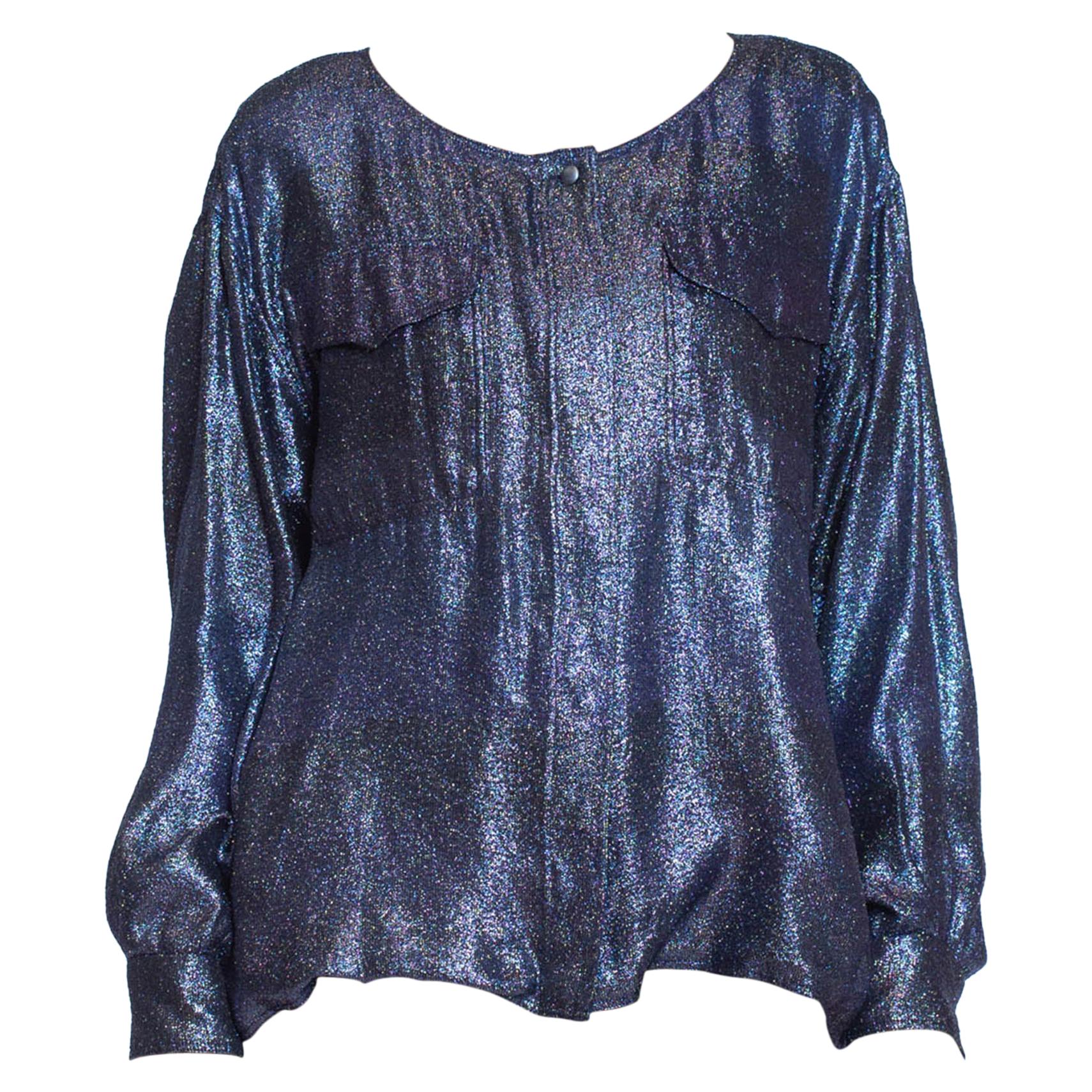 1980S PER SPOOK COUTURE Teal Metallic Silk Lurex Chiffon Military Styled Blouse For Sale