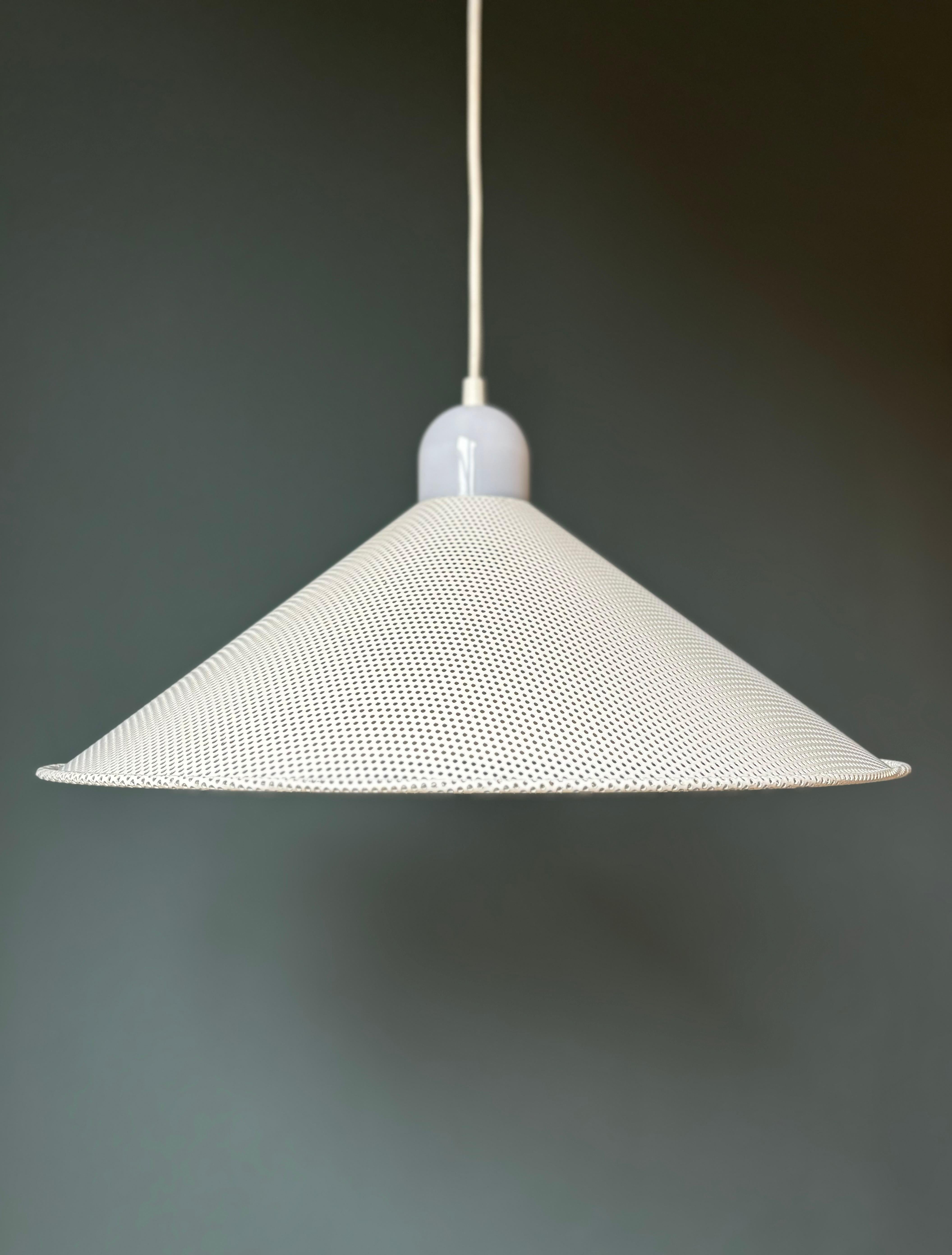 Post-Modern 1980s Perforated Matégot Style White Metal Cone Pendant For Sale