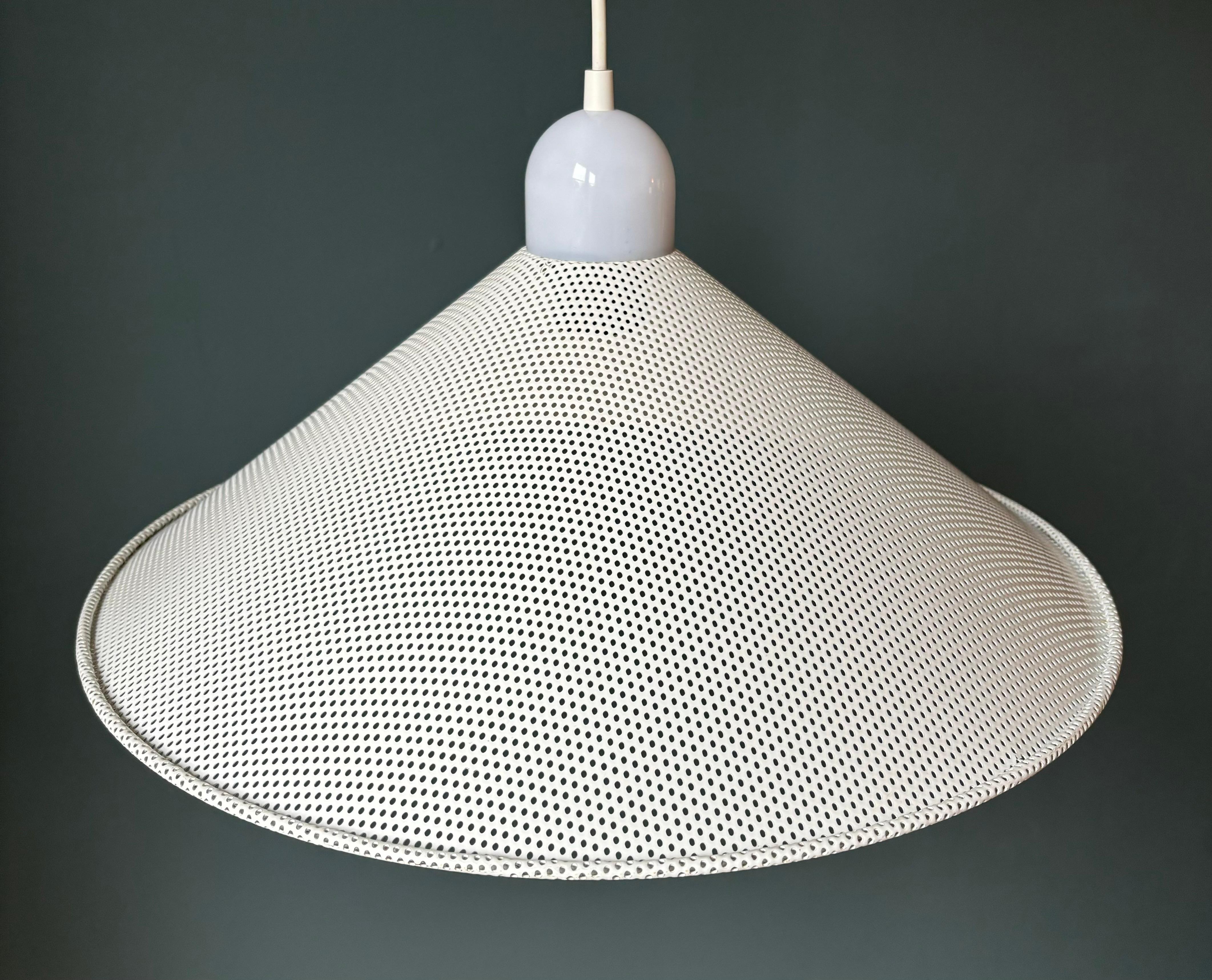 European 1980s Perforated Matégot Style White Metal Cone Pendant For Sale