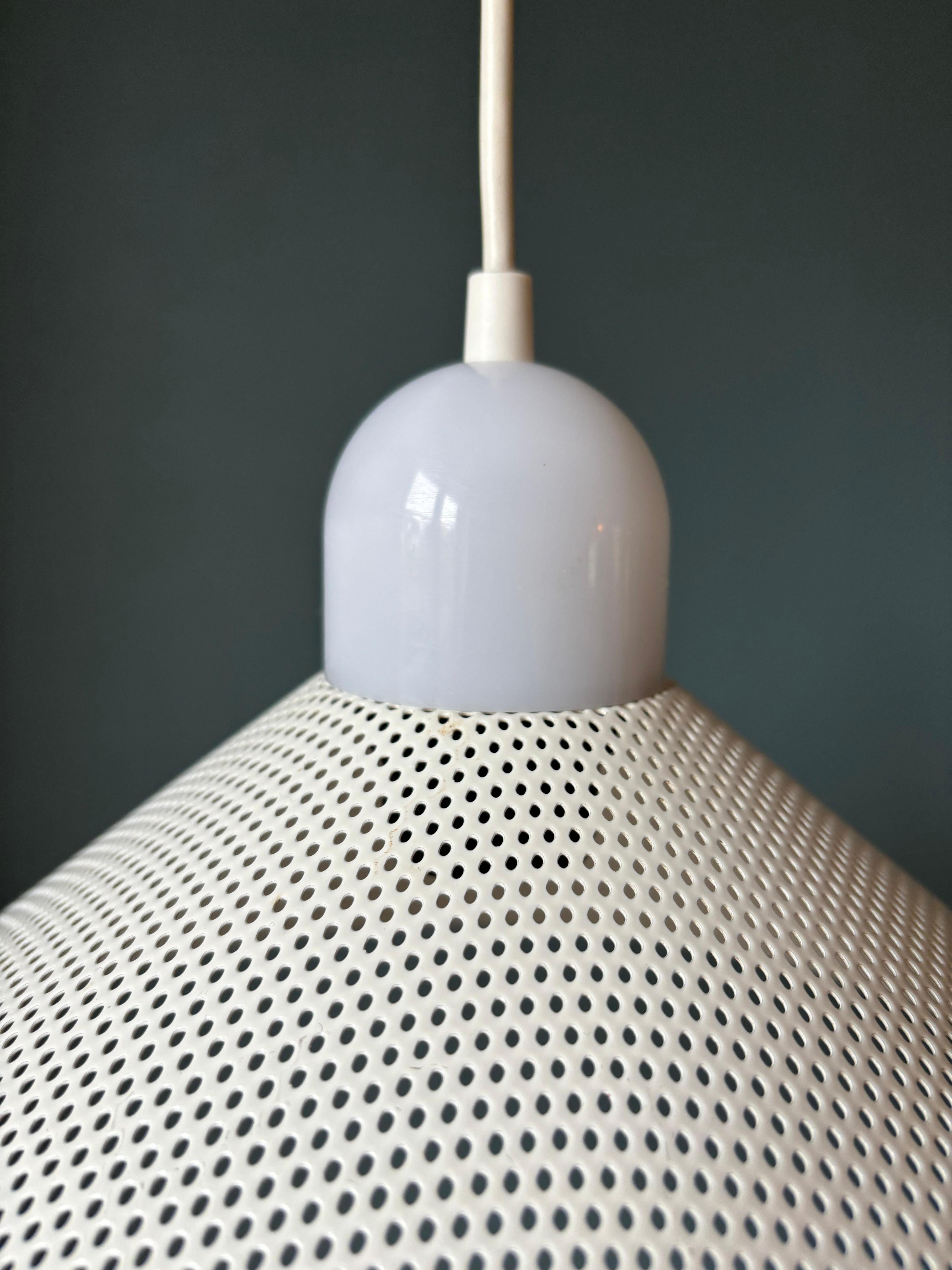1980s Perforated Matégot Style White Metal Cone Pendant In Good Condition For Sale In Copenhagen, DK