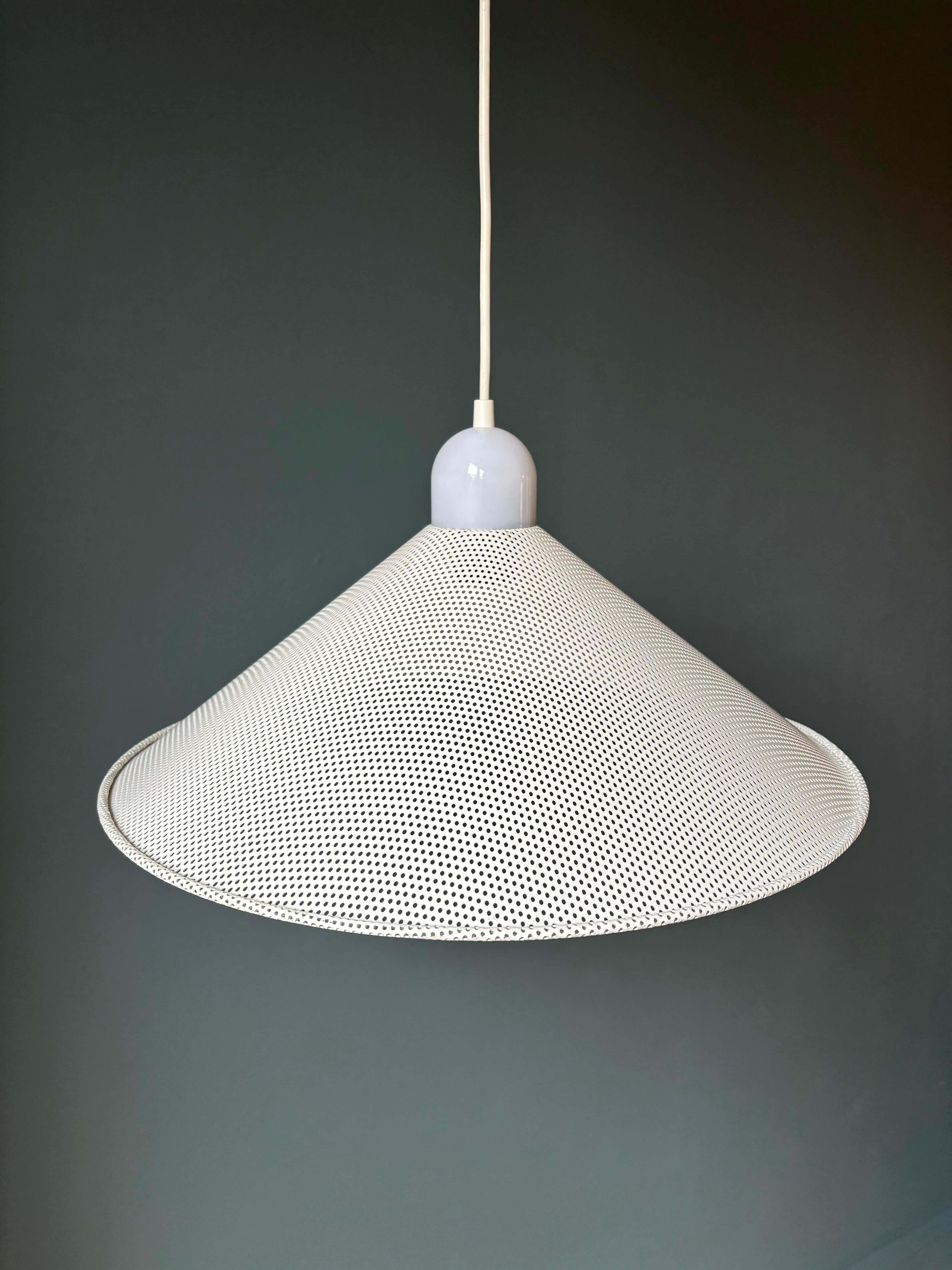 1980s Perforated Matégot Style White Metal Cone Pendant For Sale 1