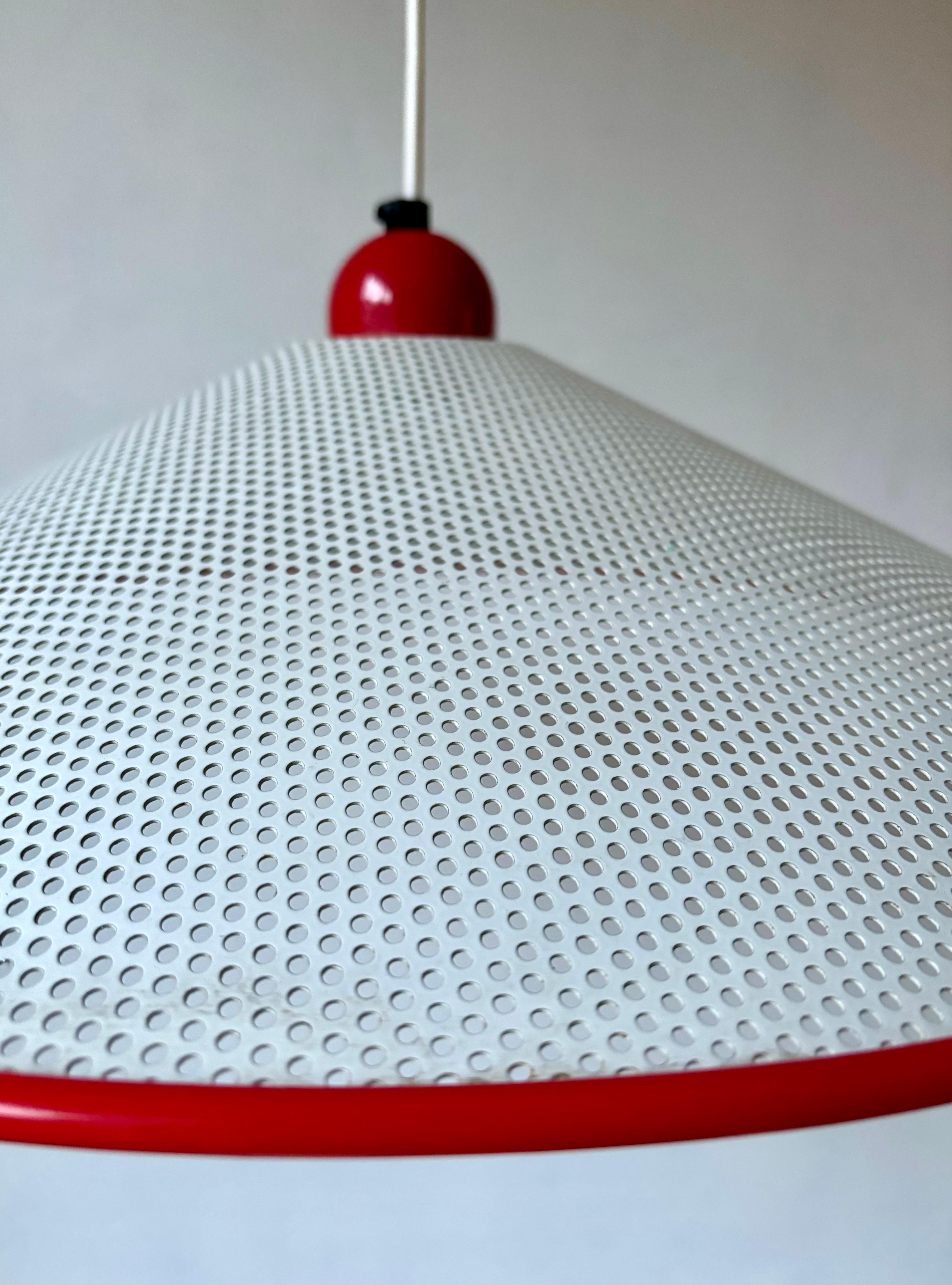 French 1980s Perforated Matégot Style White Metal Cone Pendant In Good Condition For Sale In Copenhagen, DK