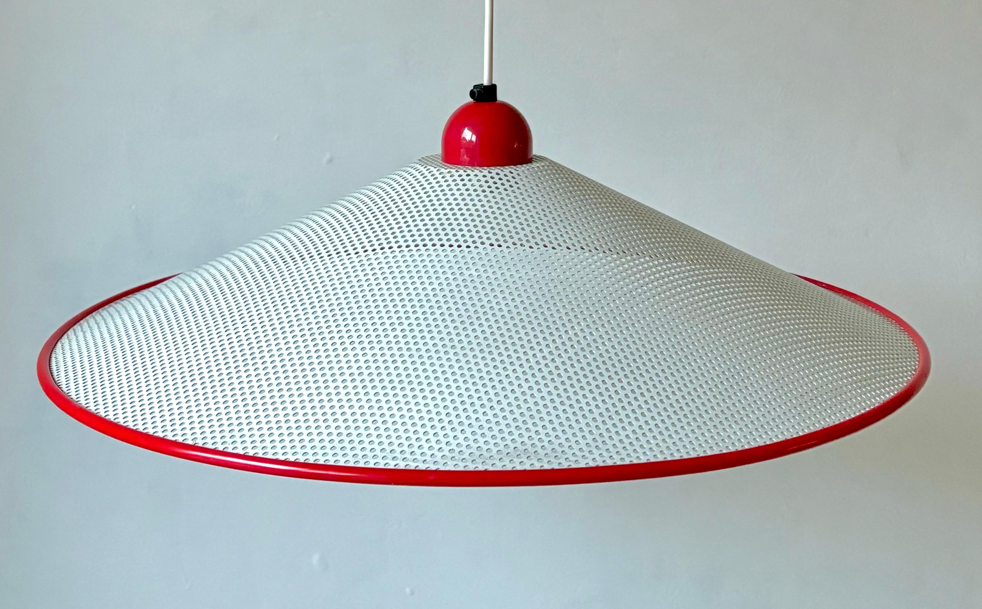 French 1980s Perforated Matégot Style White Metal Cone Pendant For Sale 1