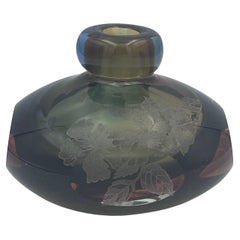 1980's Perry Coyle Blown, Cut and Etched Glass Floral Bud Vase