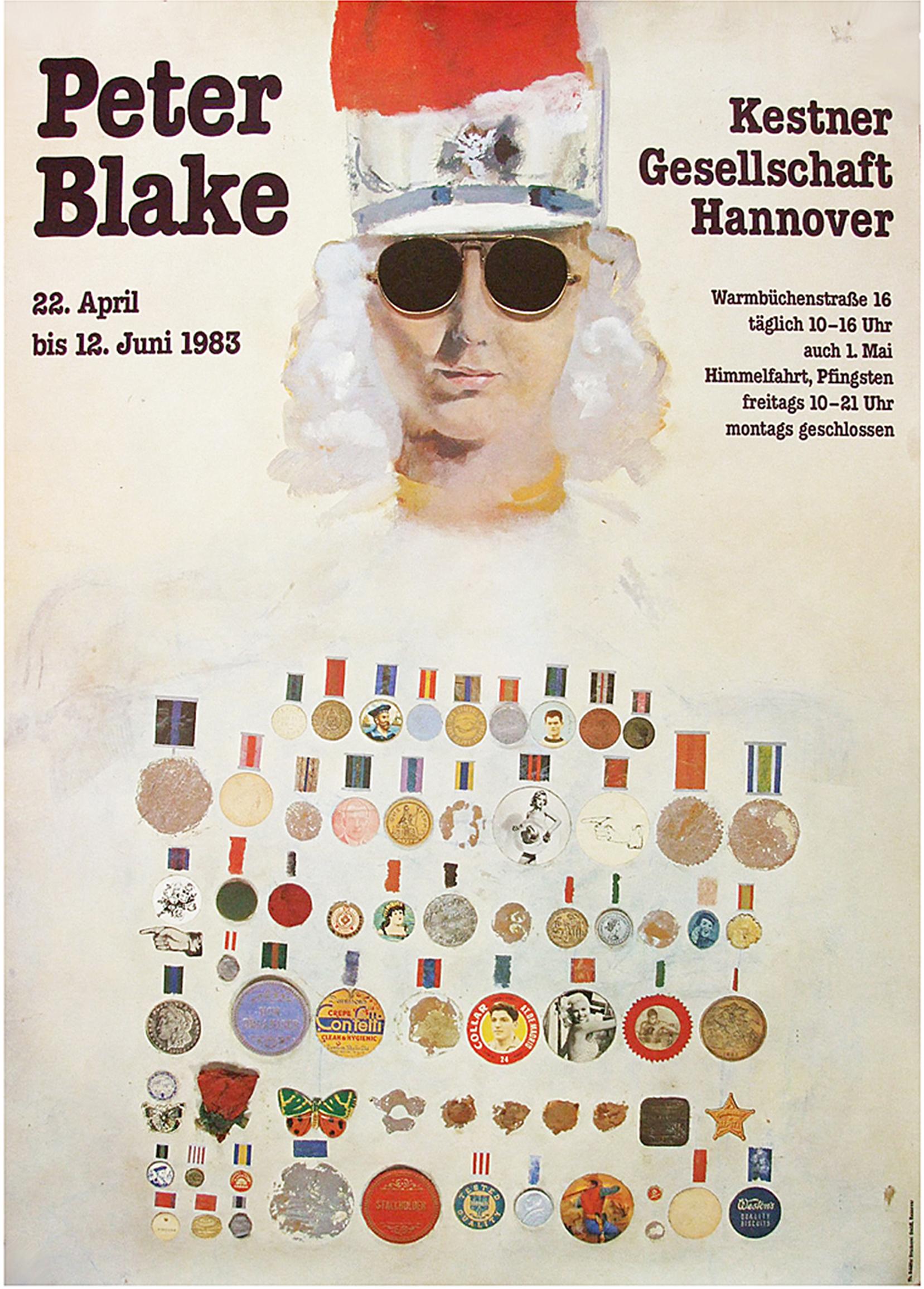Original 1983 exhibition poster for Peter Blake at the Kestner Gesellschaft, Hannover.

First edition color offset lithograph.

Rolled.

Measures: H 84cm x W 59.5cm.
