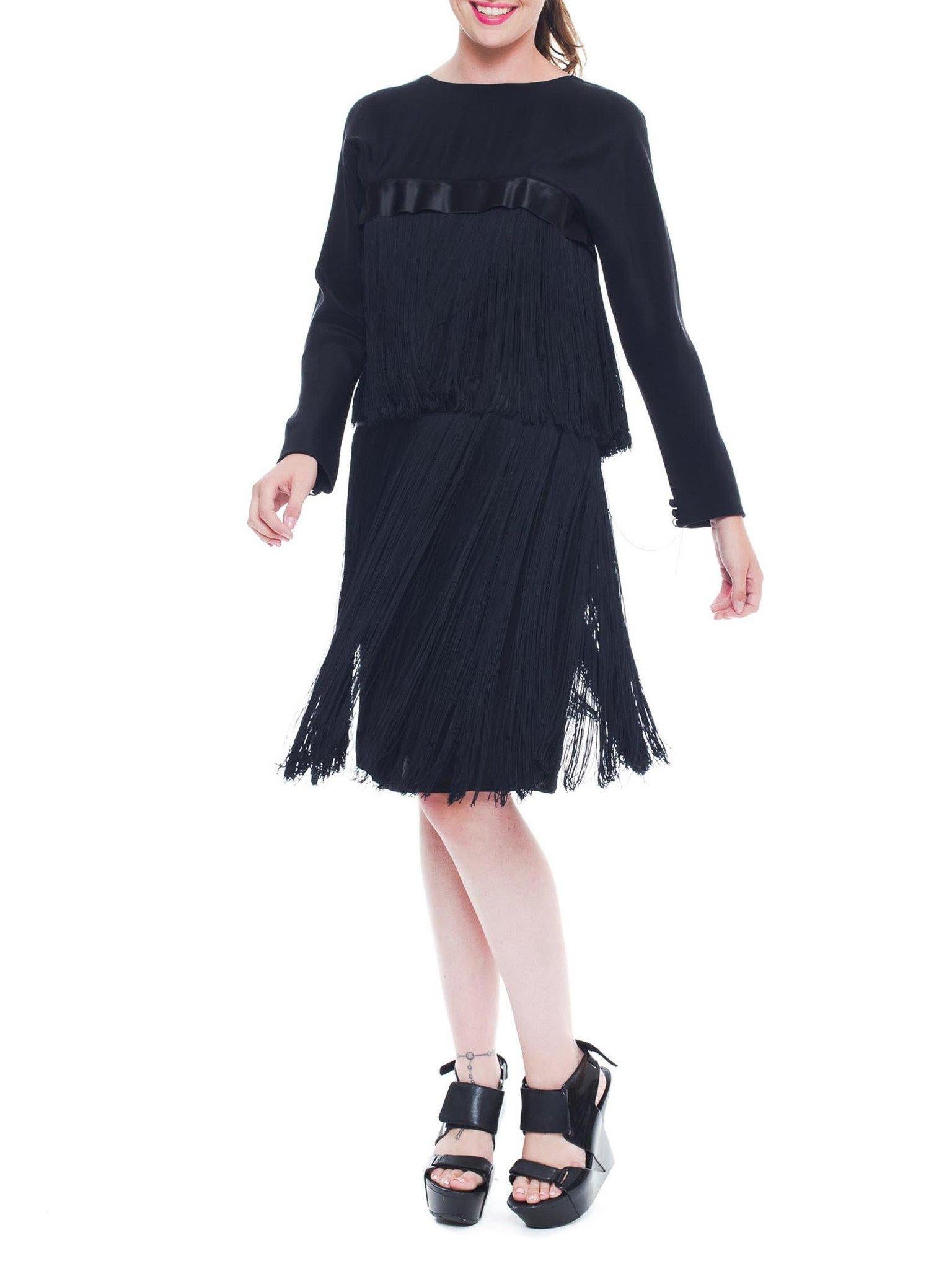 1980S PETER KEPPLER Black Silk Faille Long Sleeve Fringed Cocktail Dress In Excellent Condition For Sale In New York, NY
