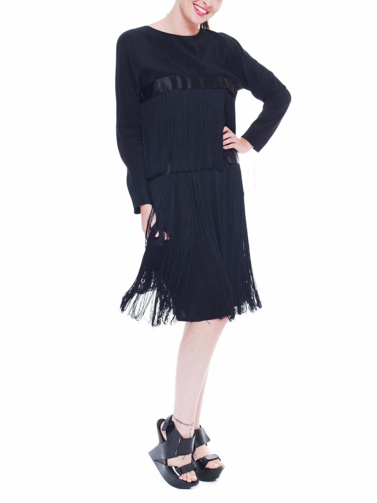 Women's 1980S PETER KEPPLER Black Silk Faille Long Sleeve Fringed Cocktail Dress For Sale