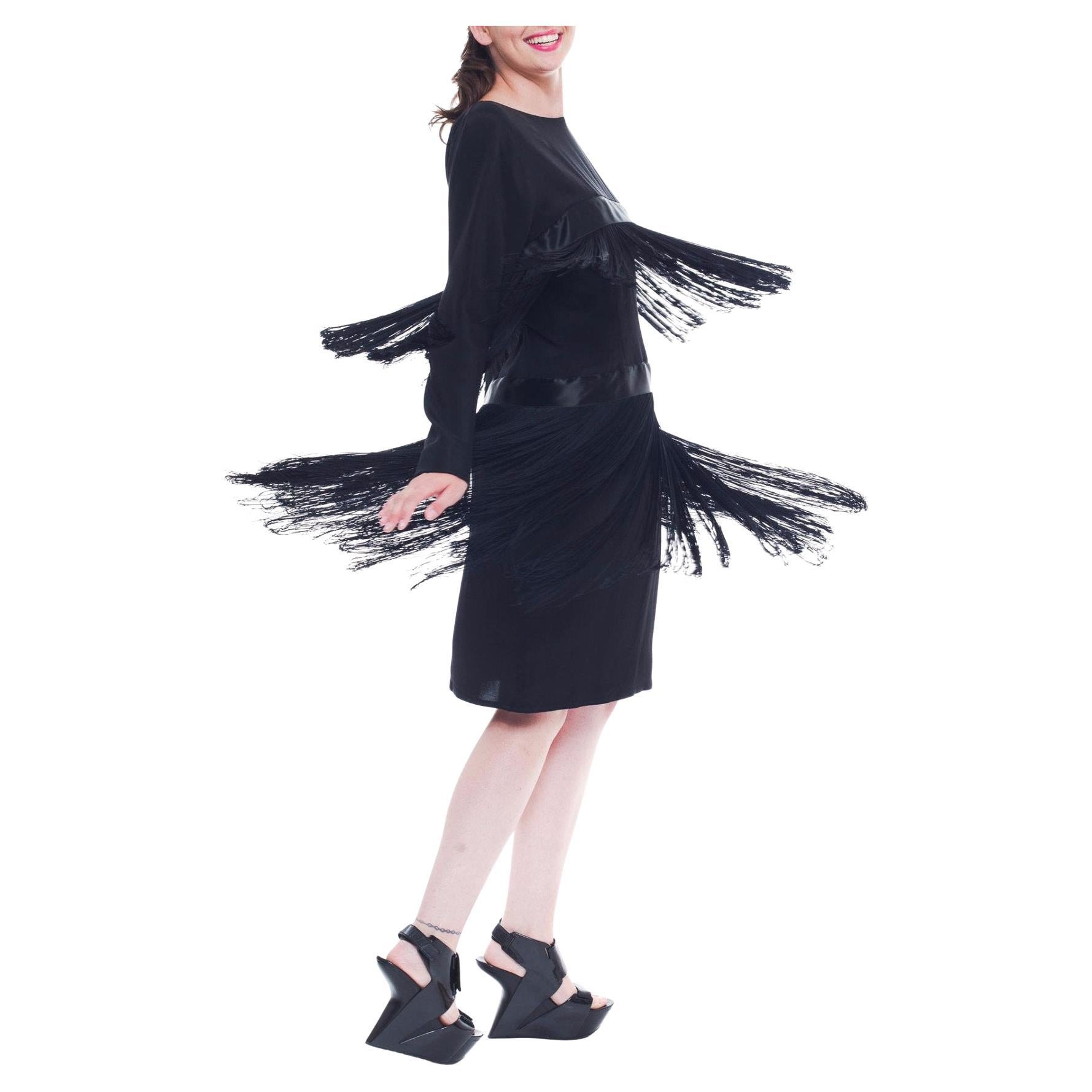 1980S PETER KEPPLER Black Silk Faille Long Sleeve Fringed Cocktail Dress For Sale