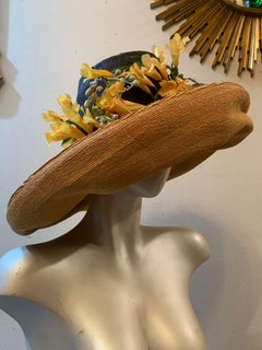 1980s Philippe Model Black & Golden Straw Large-Brim Hat w Trumpet Vine Trim