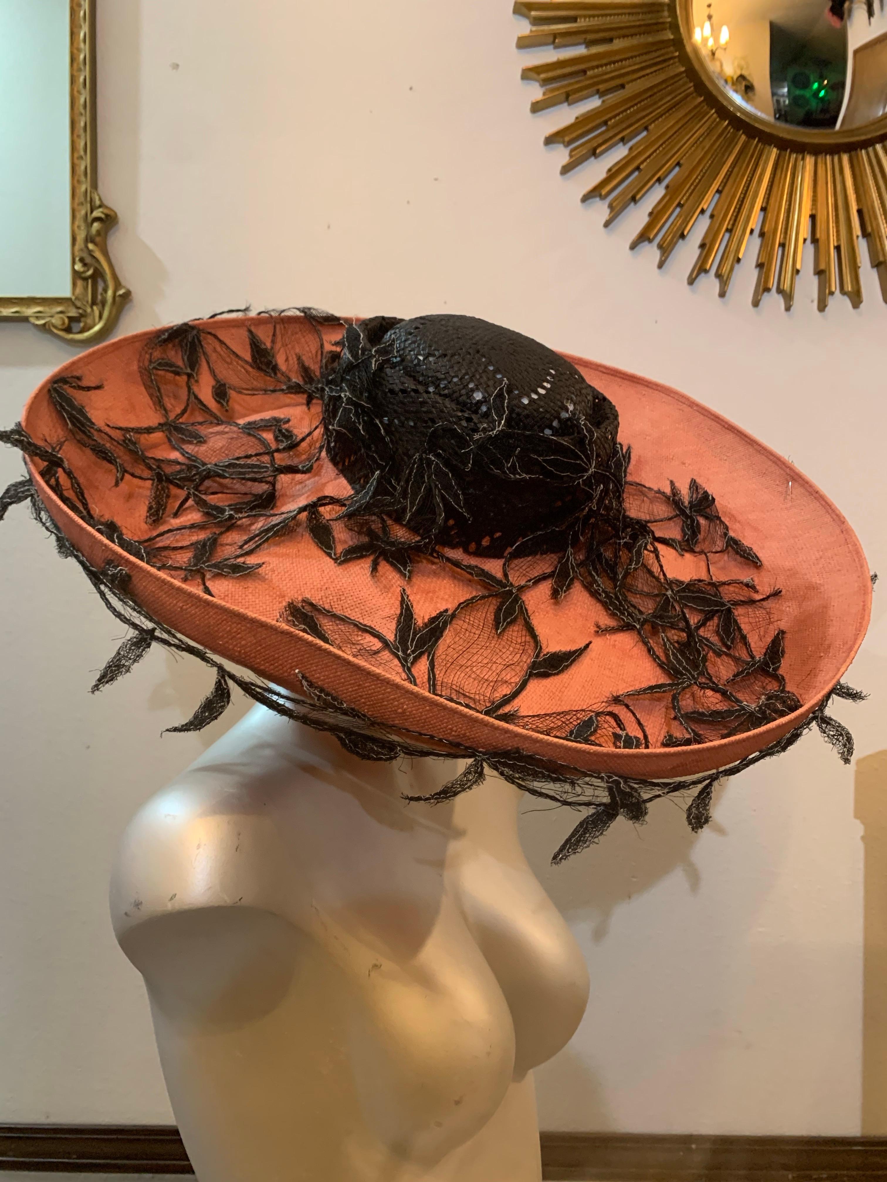 1980s Philippe Model Cartwheel Hat w Black Crown Terra Cotta Brim w Black Vines For Sale 7