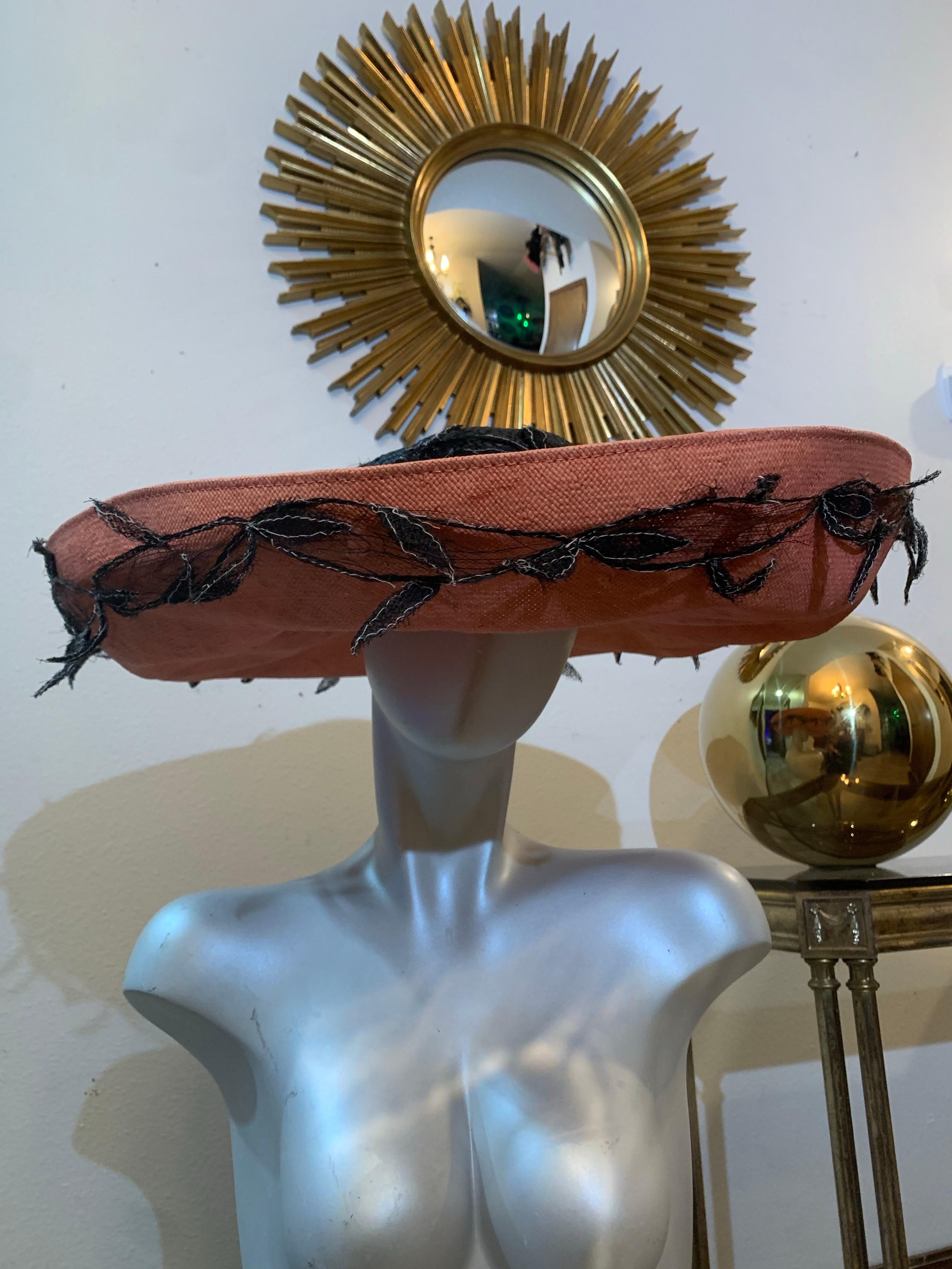 1980s Philippe Model Cartwheel Hat w Black Crown Terra Cotta Brim w Black Vines For Sale 8