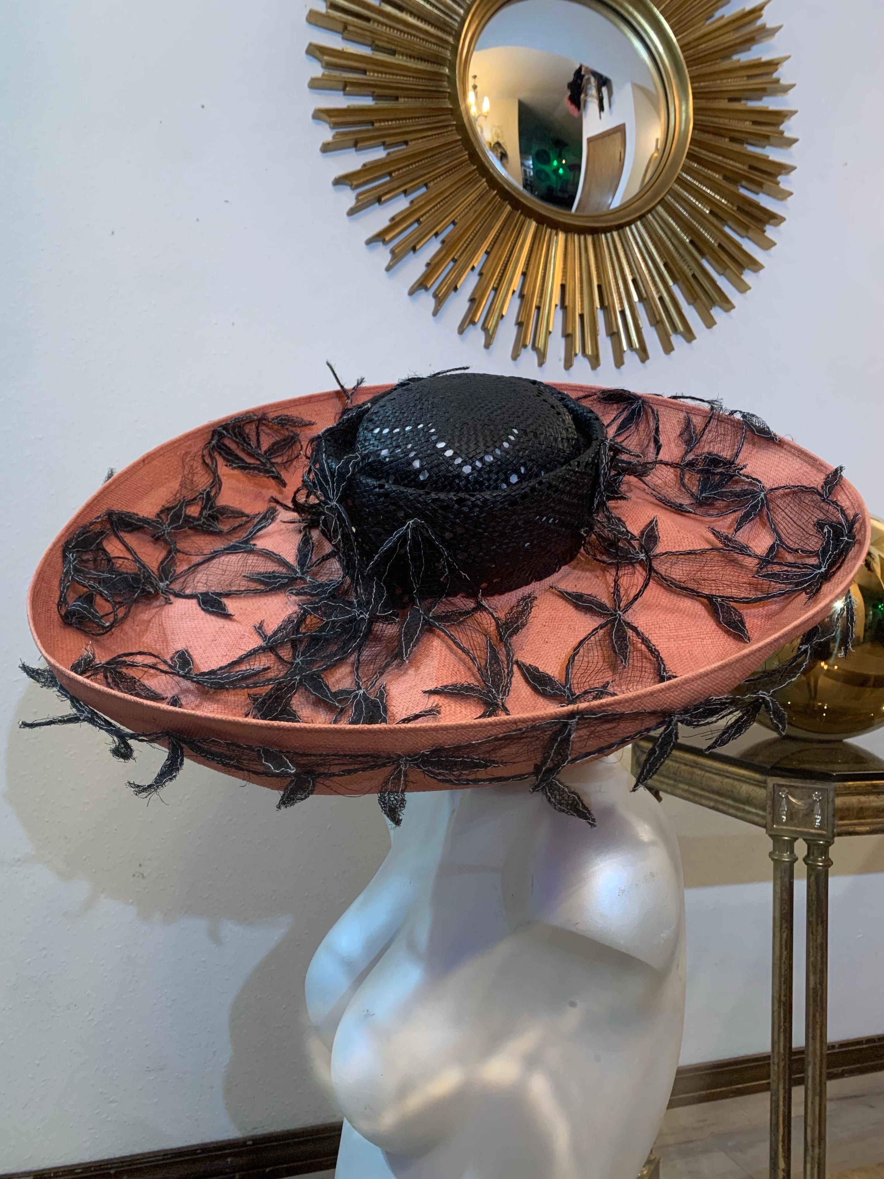 1980s Philippe Model Cartwheel Hat w Black Crown Terra Cotta Brim w Black Vines For Sale 9