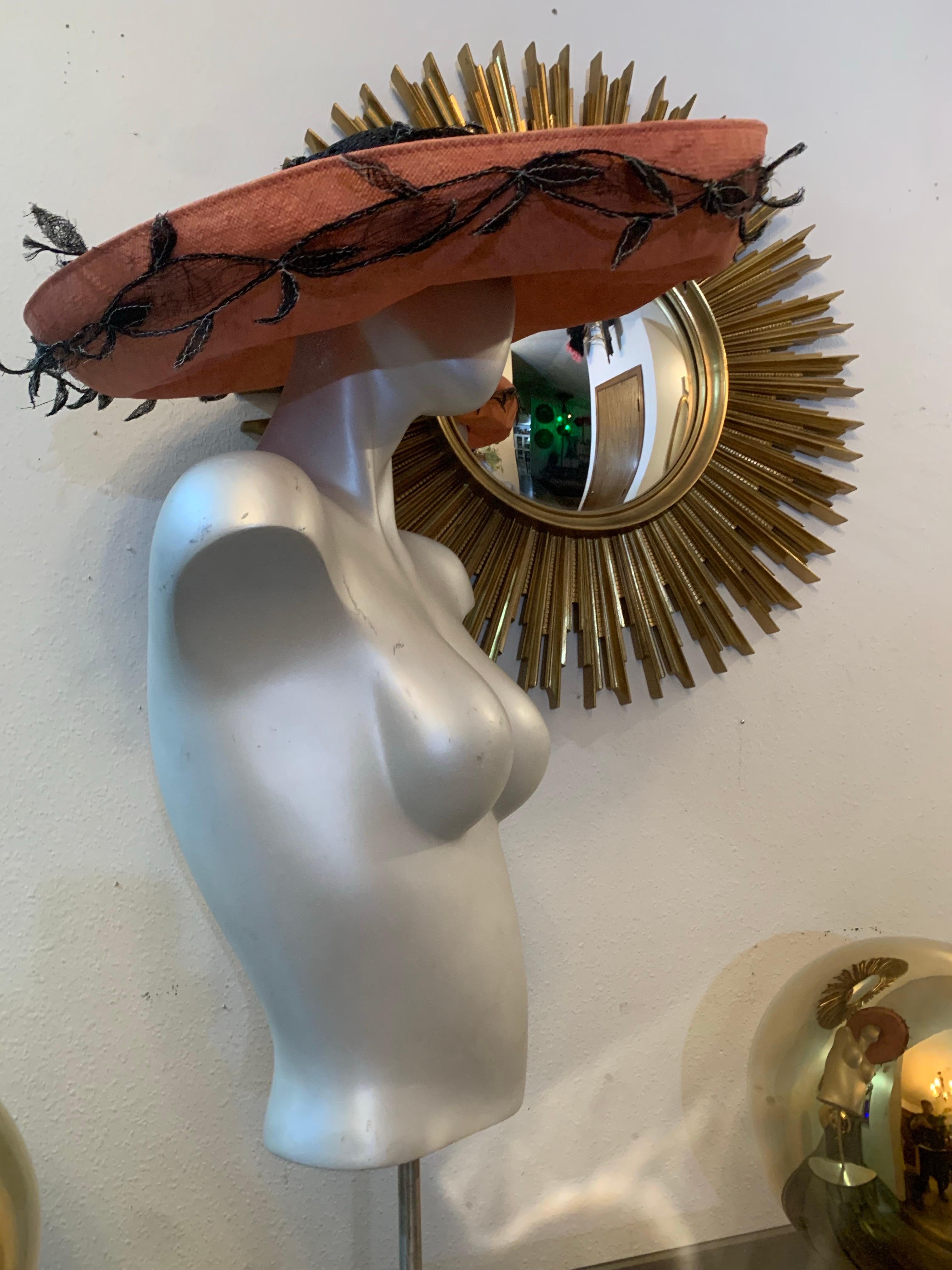 1980s Philippe Model Cartwheel Hat w Black Crown Terra Cotta Brim w Black Vines For Sale 10