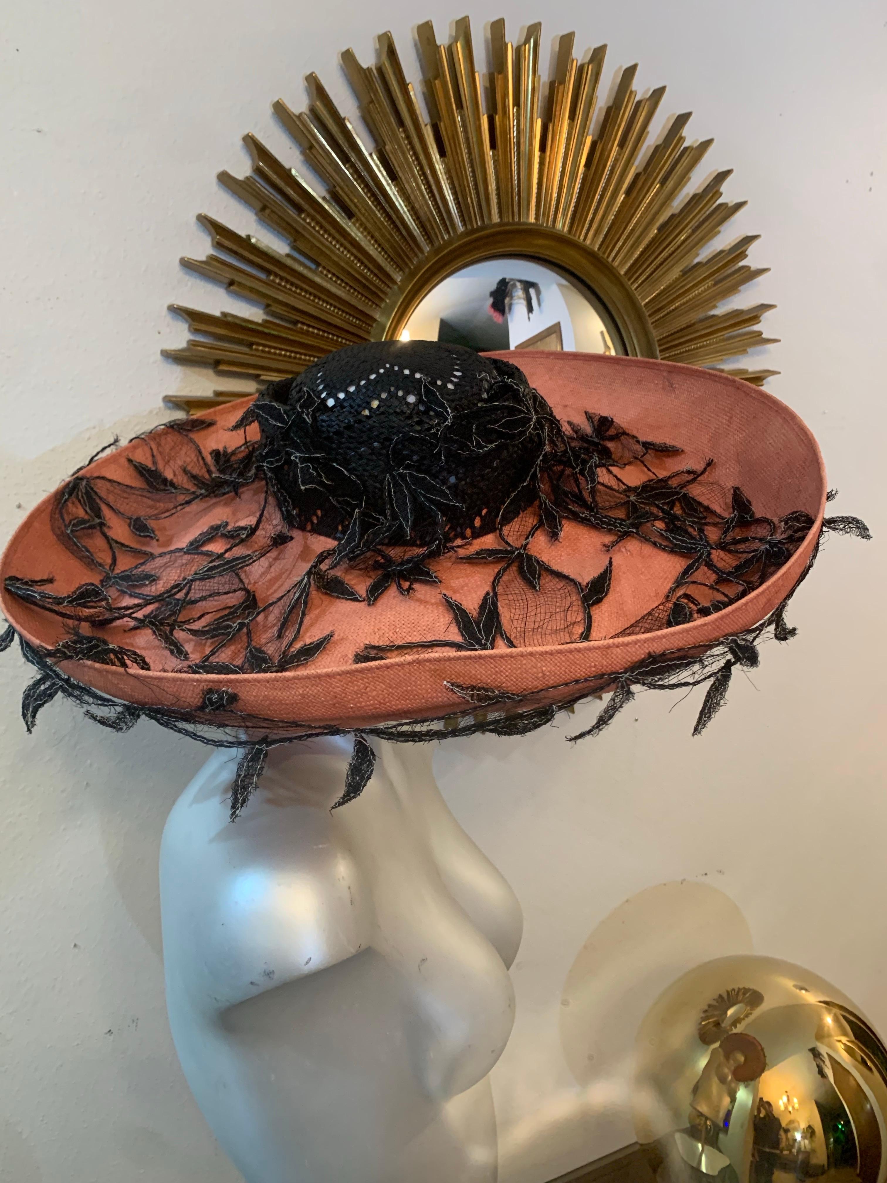 1980s Philippe Model Cartwheel Hat w Black Crown Terra Cotta Brim w Black Vines For Sale 11