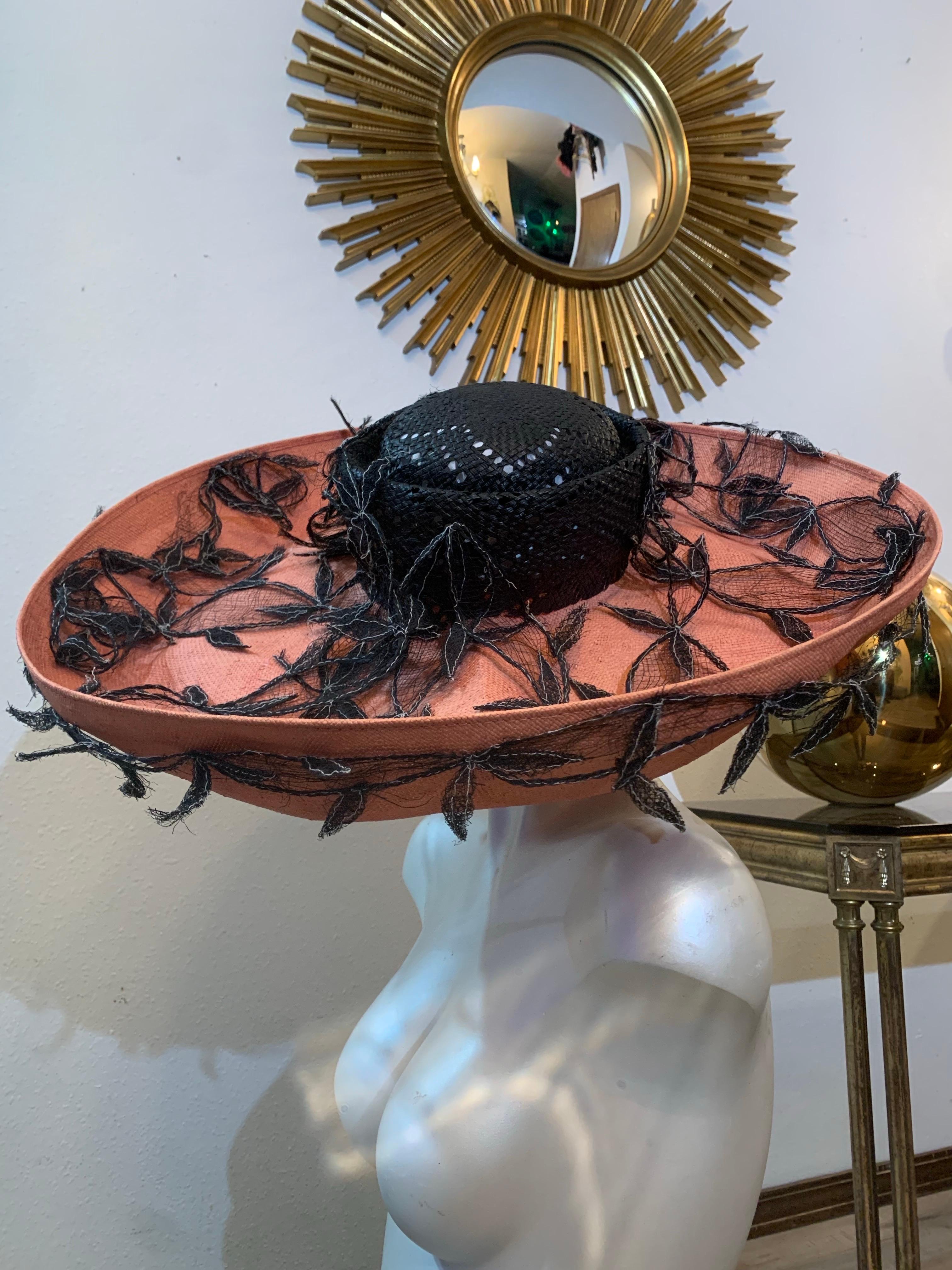 1980s Philippe Model - Paris Spring/Summer Woven Straw Cartwheel Hat w Black Crown, Terra Cotta Brim Trimmed With Black Horsehair and Raffia Vines:  An epic piece of millinery art! The extra-large upturned straw brim measures 24