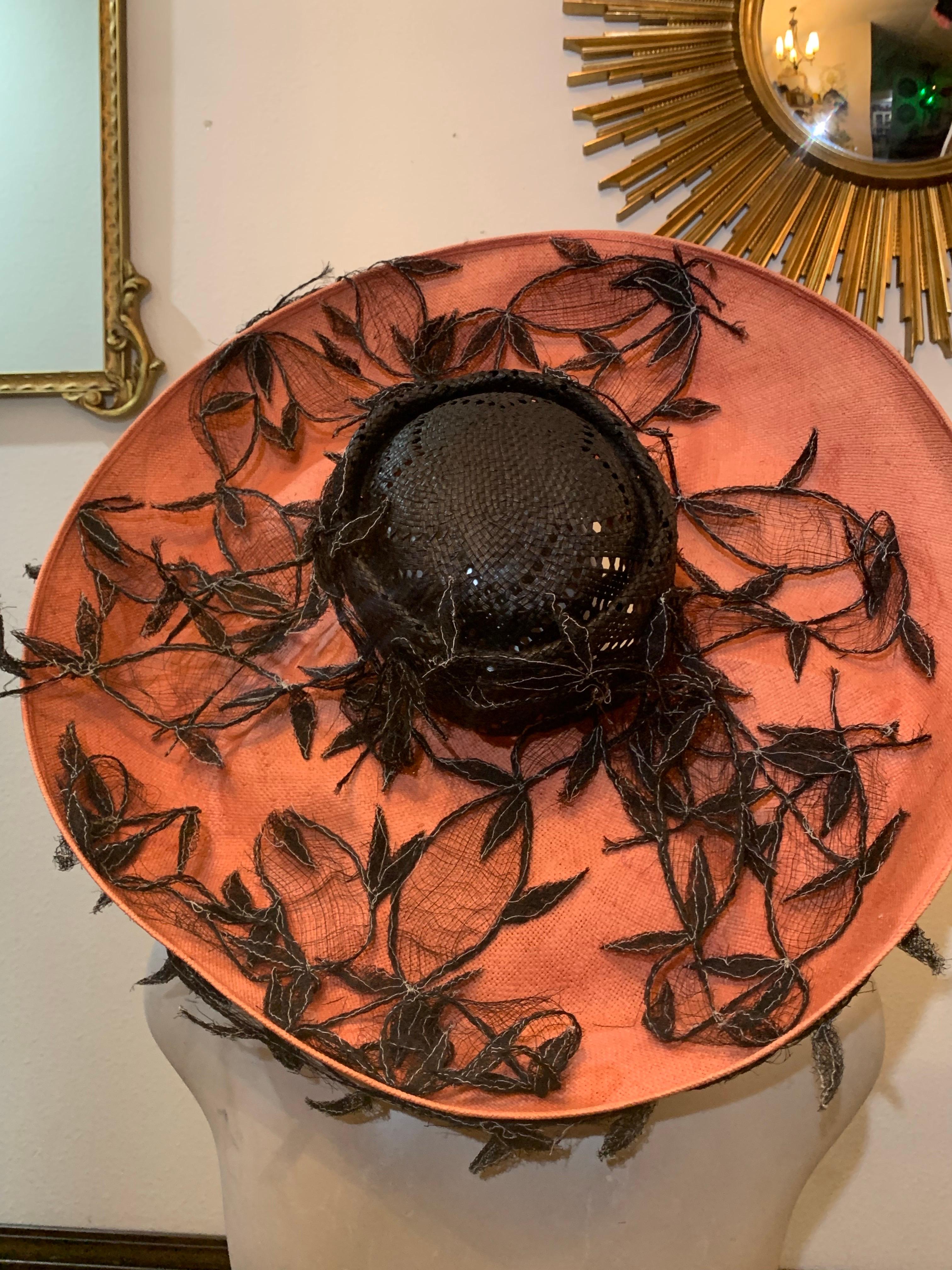 Brown 1980s Philippe Model Cartwheel Hat w Black Crown Terra Cotta Brim w Black Vines For Sale