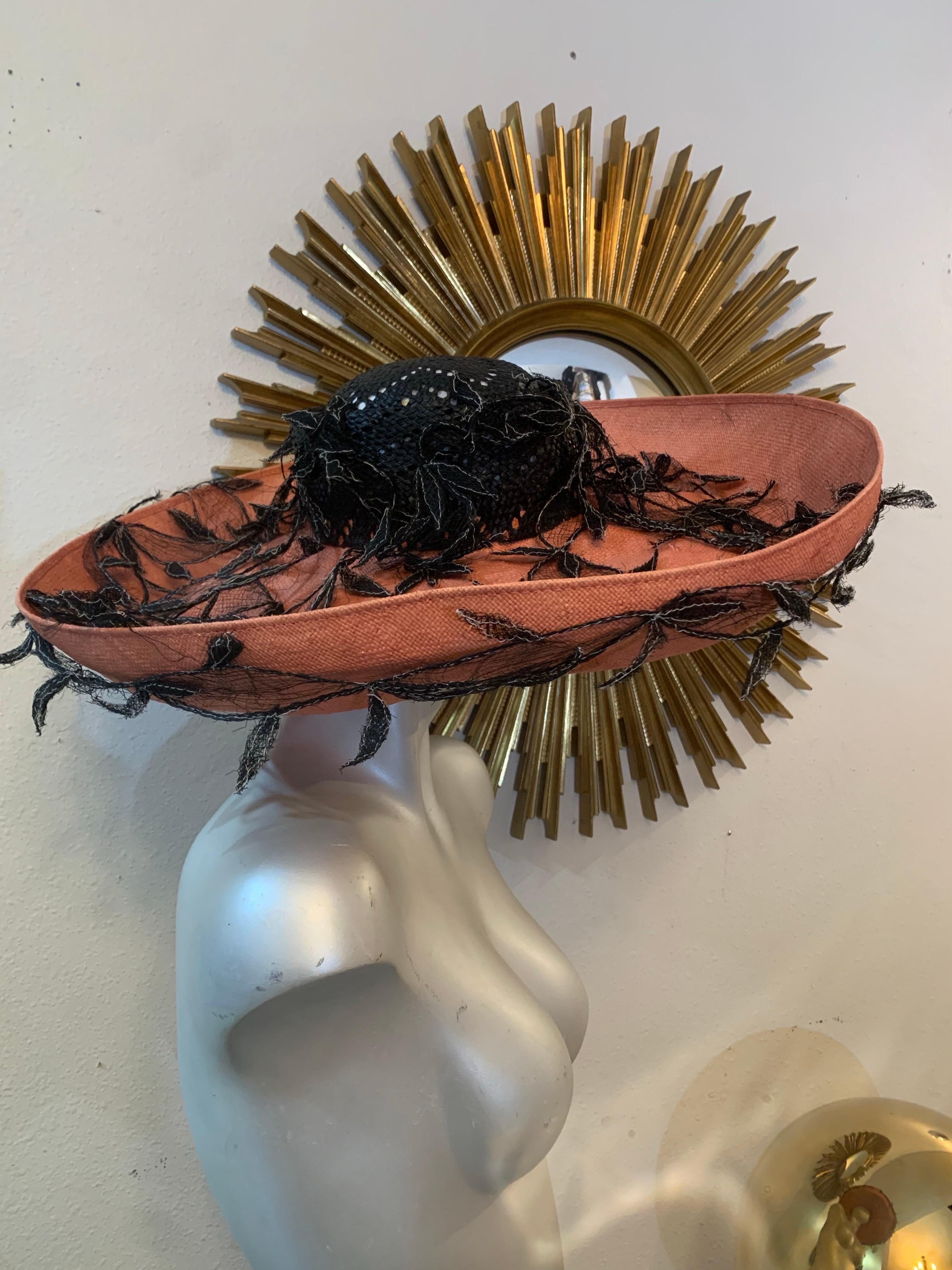 1980s Philippe Model Cartwheel Hat w Black Crown Terra Cotta Brim w Black Vines In Excellent Condition For Sale In Gresham, OR