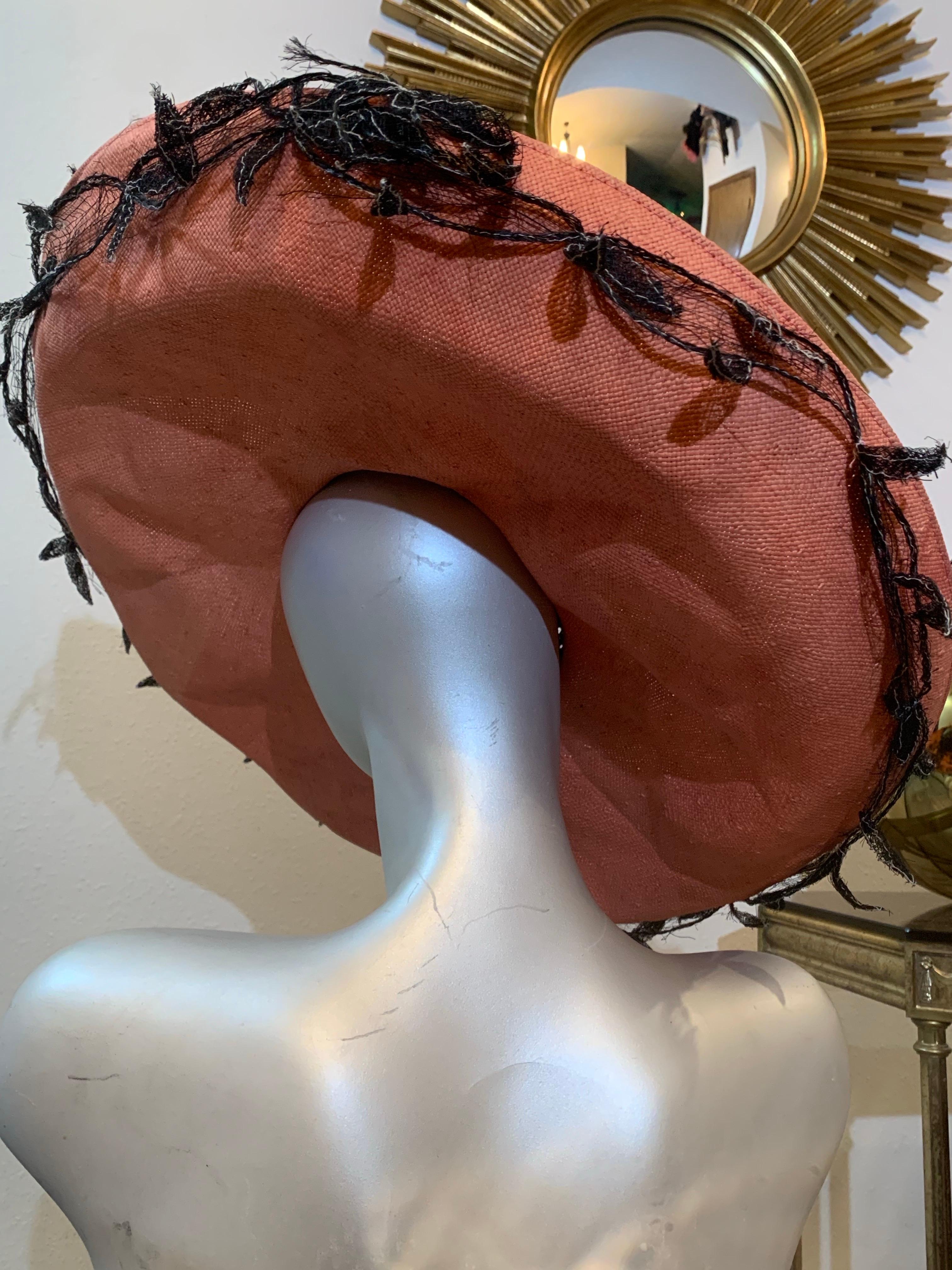 Women's 1980s Philippe Model Cartwheel Hat w Black Crown Terra Cotta Brim w Black Vines For Sale