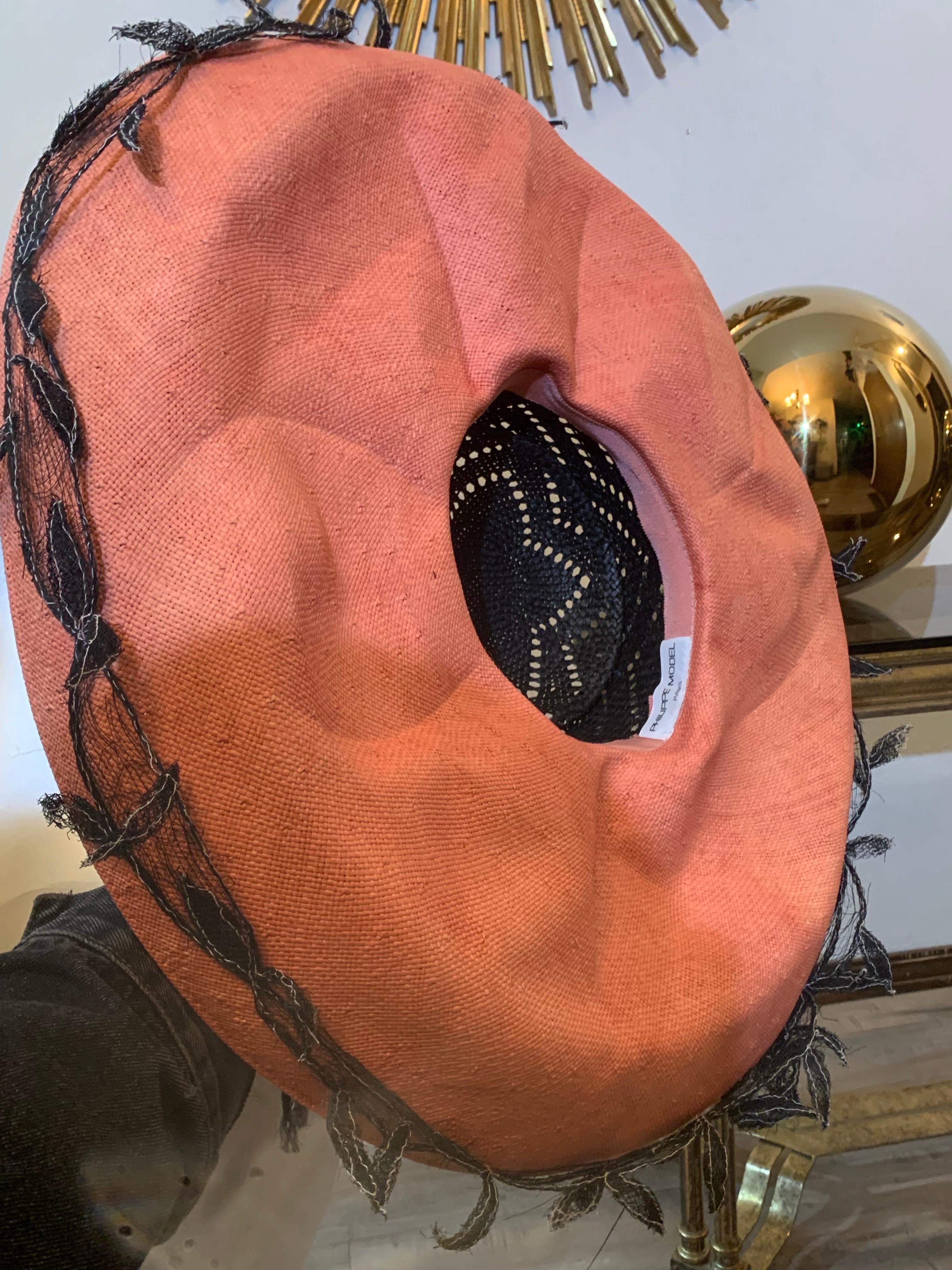 1980s Philippe Model Cartwheel Hat w Black Crown Terra Cotta Brim w Black Vines For Sale 2