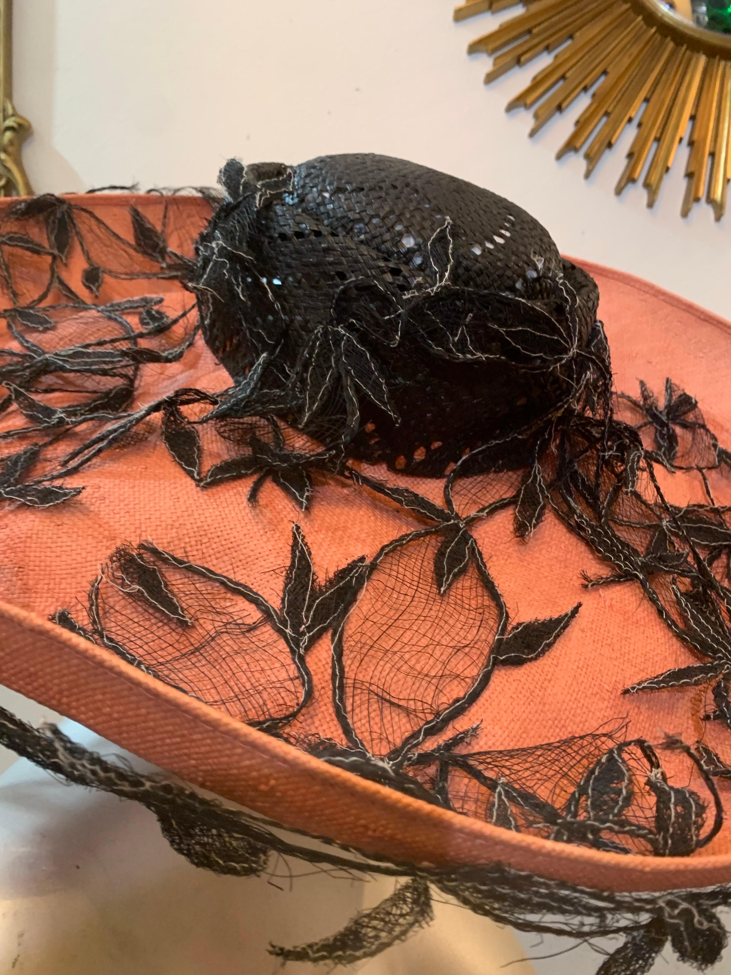 1980s Philippe Model Cartwheel Hat w Black Crown Terra Cotta Brim w Black Vines For Sale 4