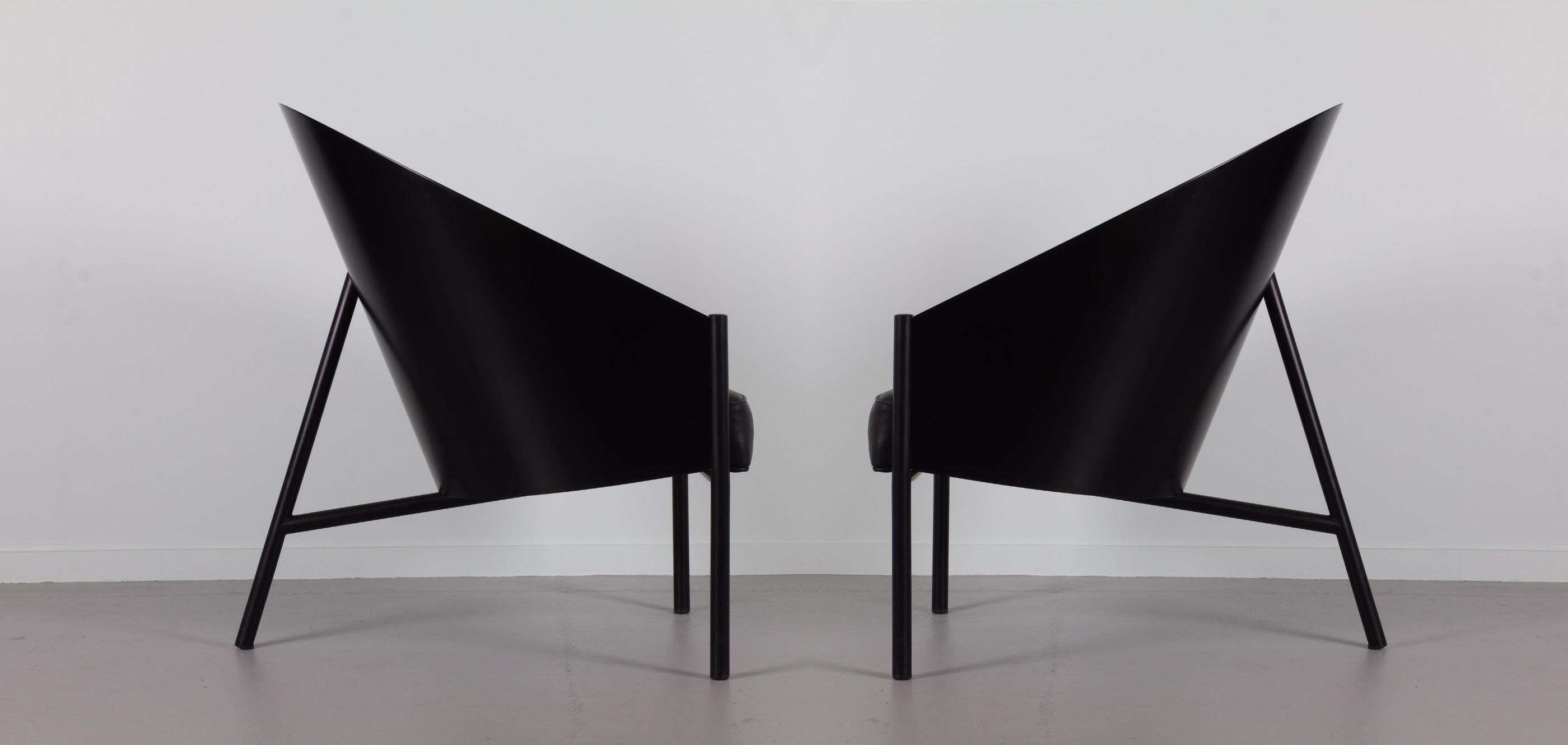 Mid-Century Modern 1980s Philippe Starck Pratfall Lounge Chairs in Black Leather, Pair