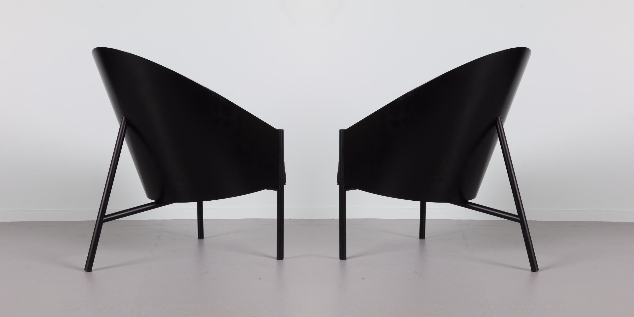 Italian 1980s Philippe Starck Pratfall Lounge Chairs in Black Leather, Pair