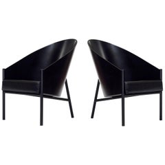 1980s Philippe Starck Pratfall Lounge Chairs in Black Leather, Pair