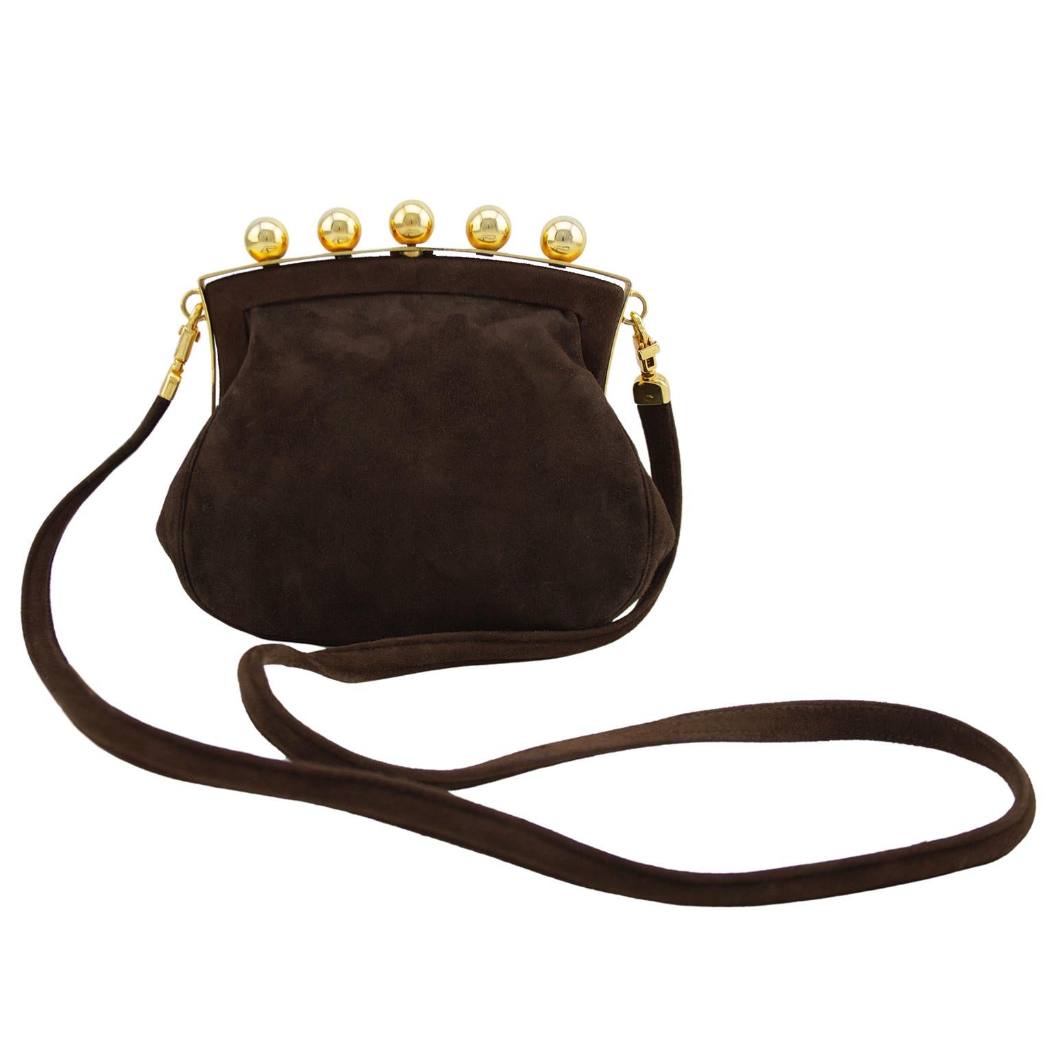 1980s Phillippe Model Paris Brown and Gold Embroidered Suede Mini Bag In Good Condition For Sale In Toronto, Ontario