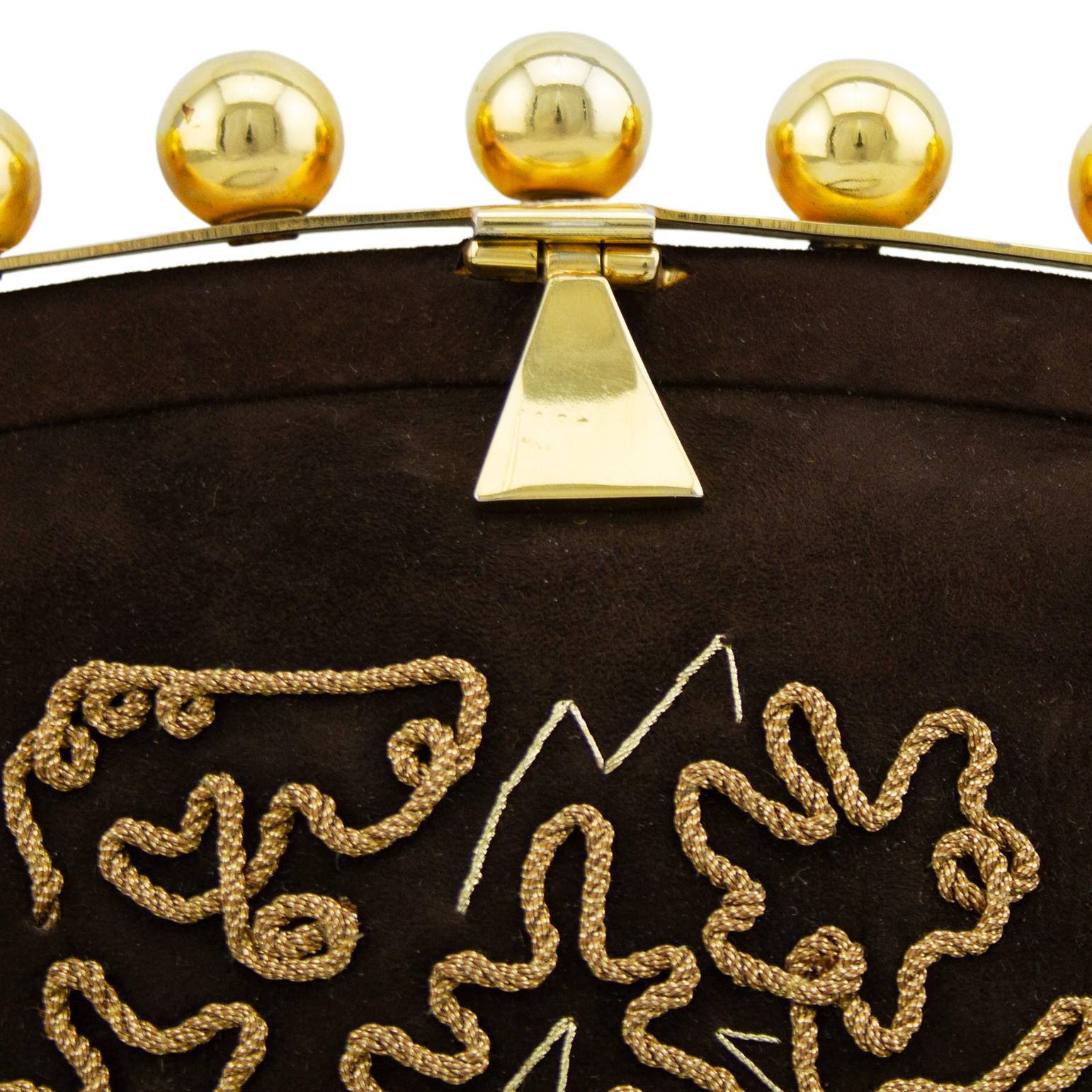 Women's 1980s Phillippe Model Paris Brown and Gold Embroidered Suede Mini Bag For Sale
