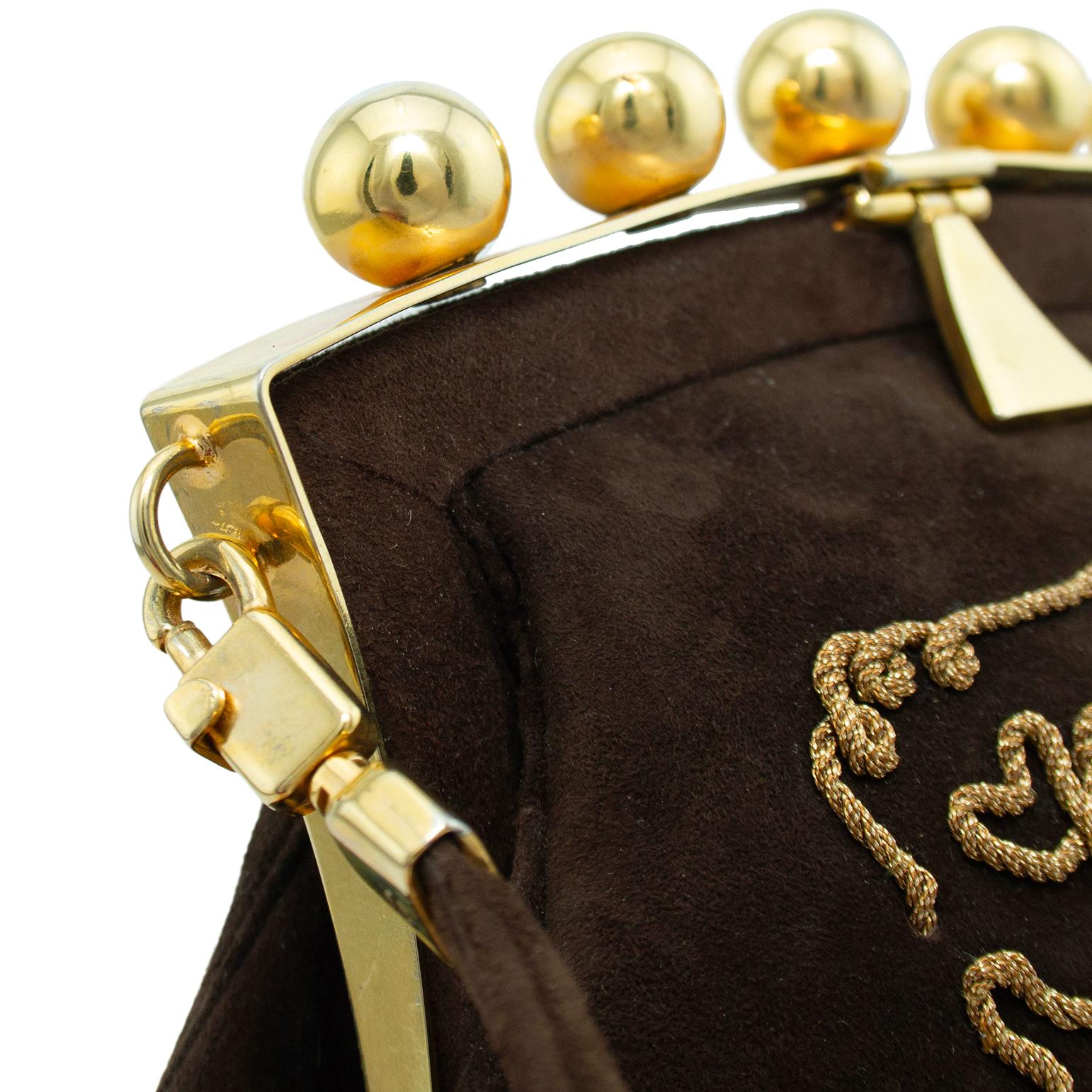 1980s Phillippe Model Paris Brown and Gold Embroidered Suede Mini Bag For Sale 1