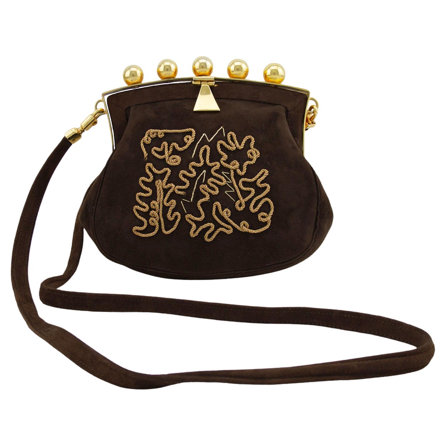 1980s Phillippe Model Paris Brown and Gold Embroidered Suede Mini Bag For Sale