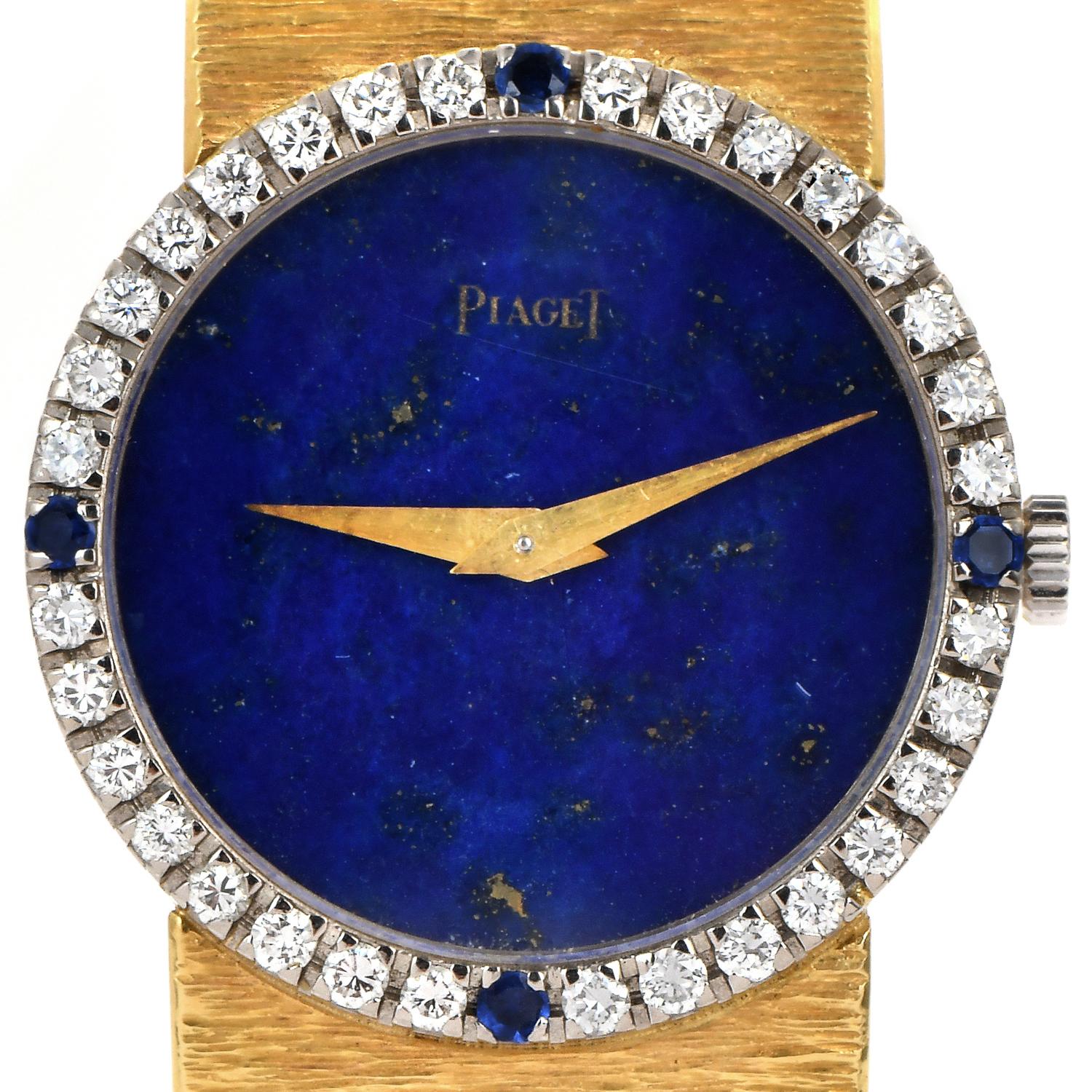 An exquisite display of brilliance and blue color, contrasting with the yellow gold.

From Circa in the Late 1980s.

crafted in solid 18K yellow gold. 

Embellished with factory set diamonds & blue sapphires. Sapphire Crystal, Genuine Lapis Dial,