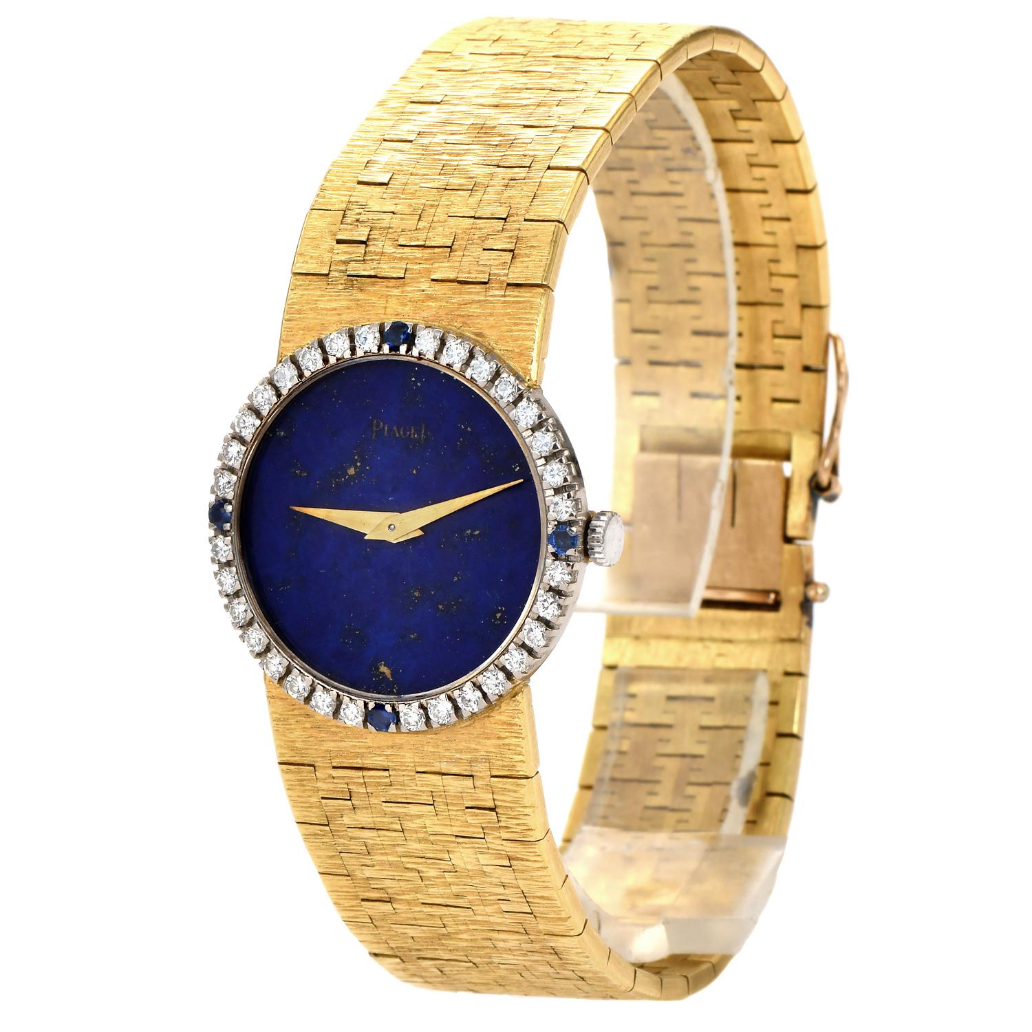 1980er Piaget Lapis Lazuli Diamant Saphir 18k Gold Damenuhr (Retro) im Angebot