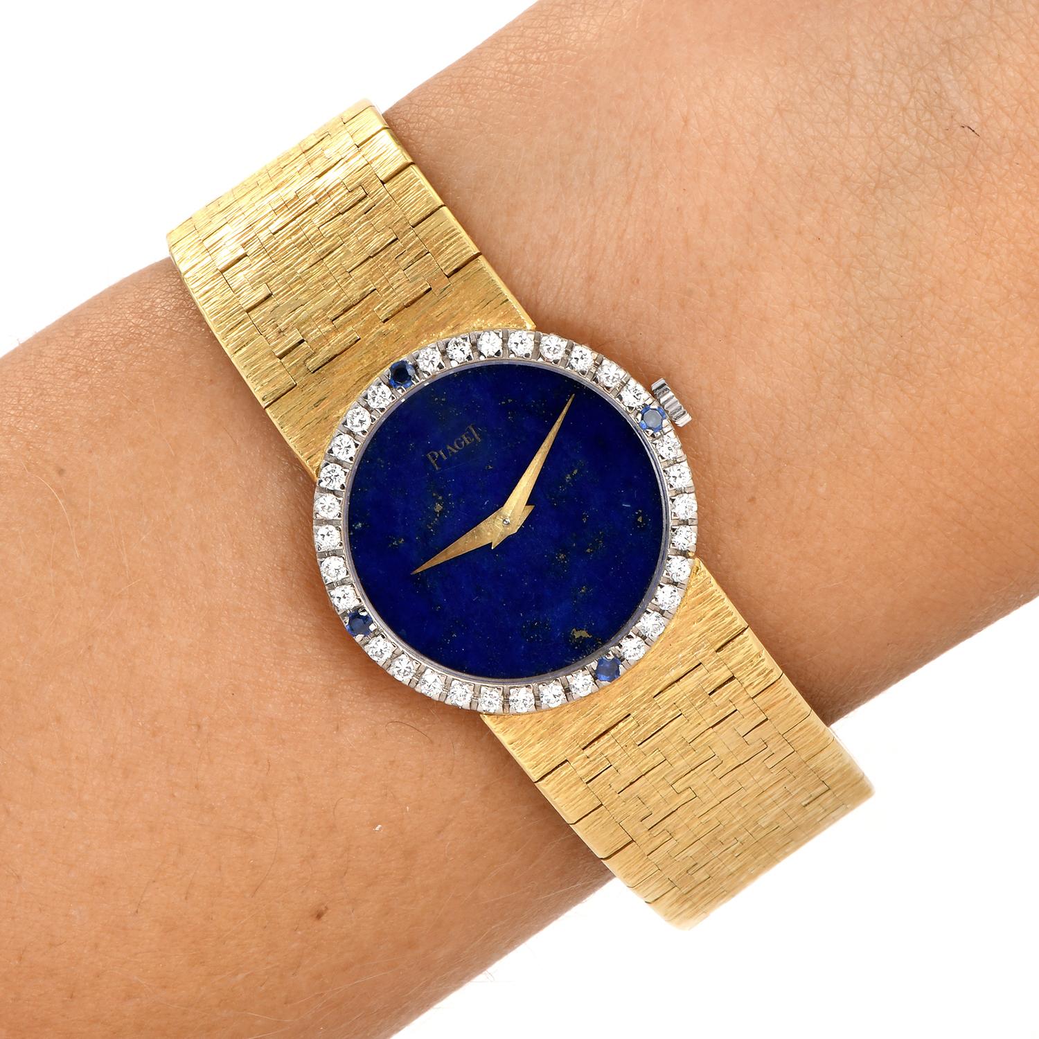 1980er Piaget Lapis Lazuli Diamant Saphir 18k Gold Damenuhr (Rundschliff) im Angebot