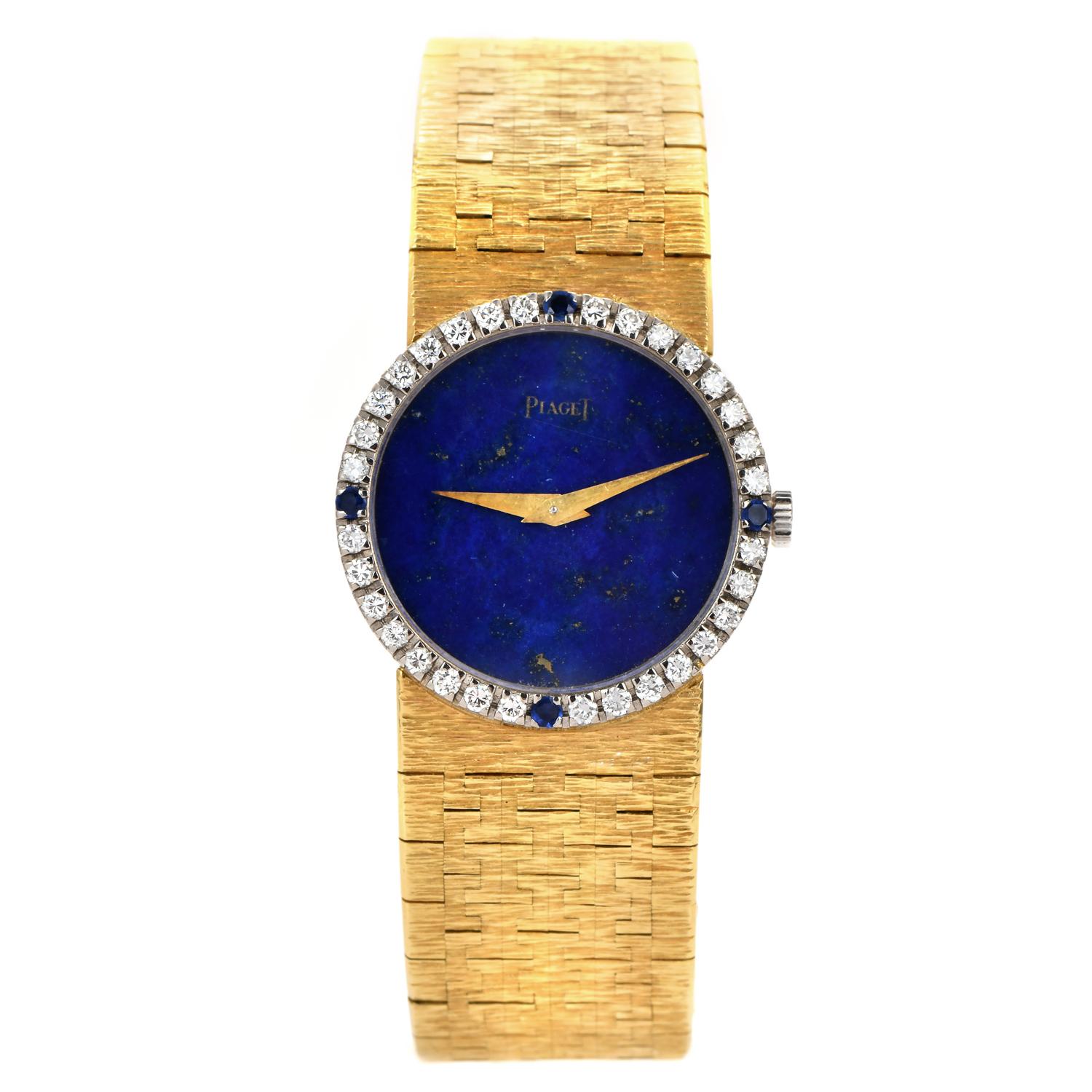 1980er Piaget Lapis Lazuli Diamant Saphir 18k Gold Damenuhr im Angebot