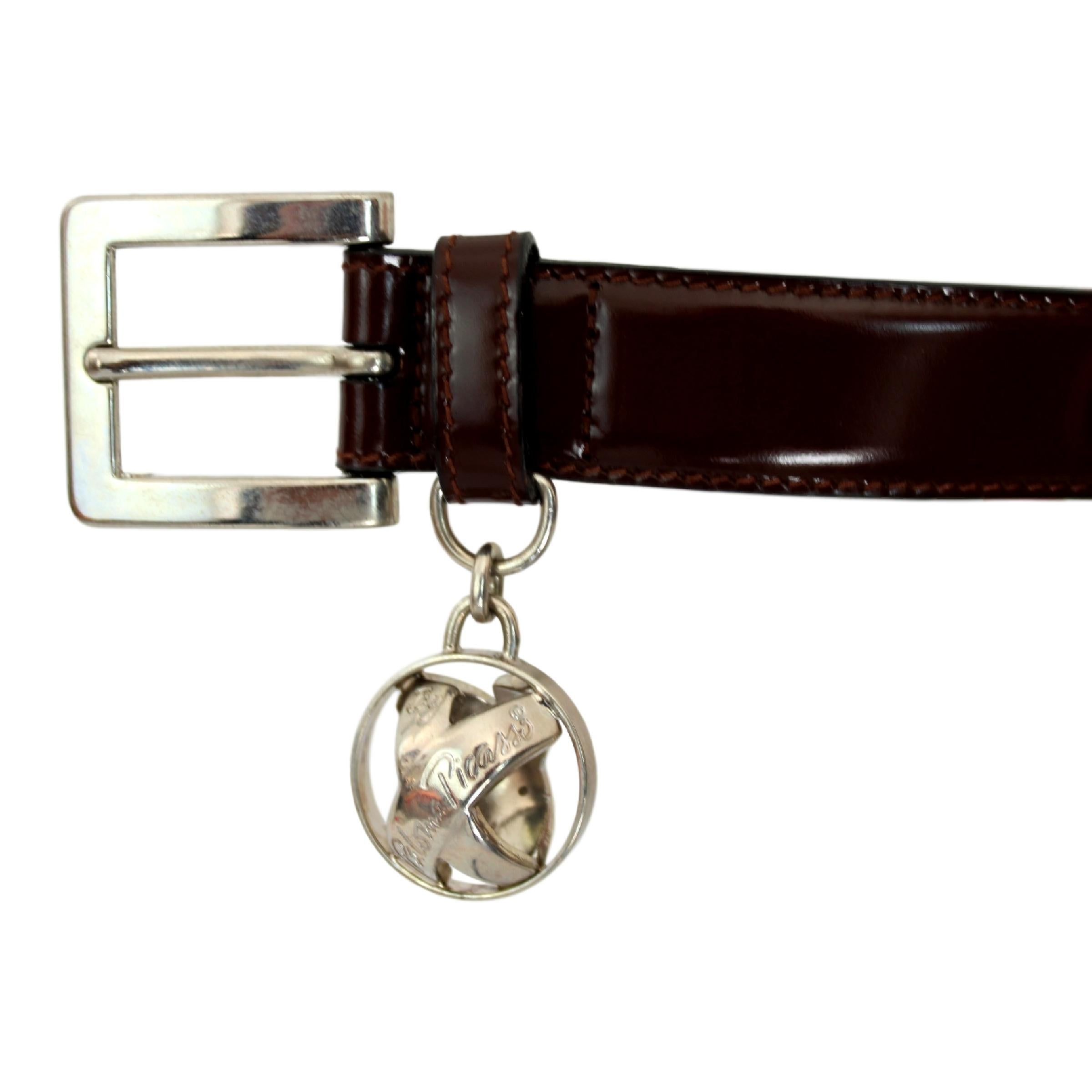 1980s Picasso Paloma Tiffany Brown Silver Pendant Shiny Calf Vintage Belt In New Condition In Brindisi, Bt