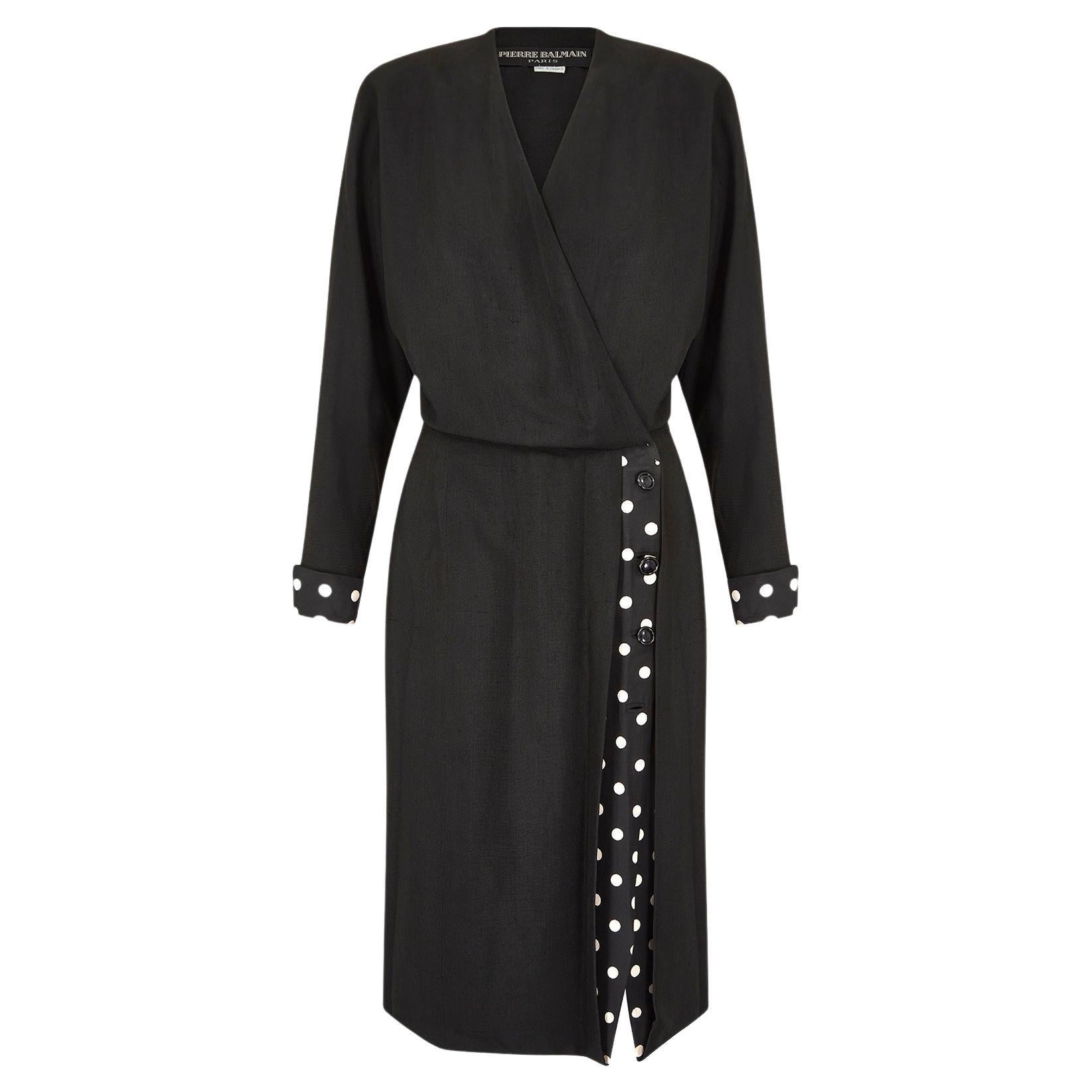 1980er Pierre Balmain Haute Couture Leinenmantel Kleid in Monochrom im Angebot