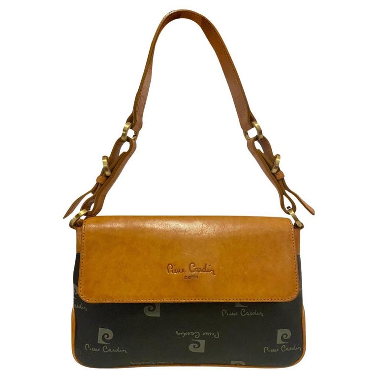1980s Pierre Cardin Black Tan Logo Flap Shoulder Bag For Sale at