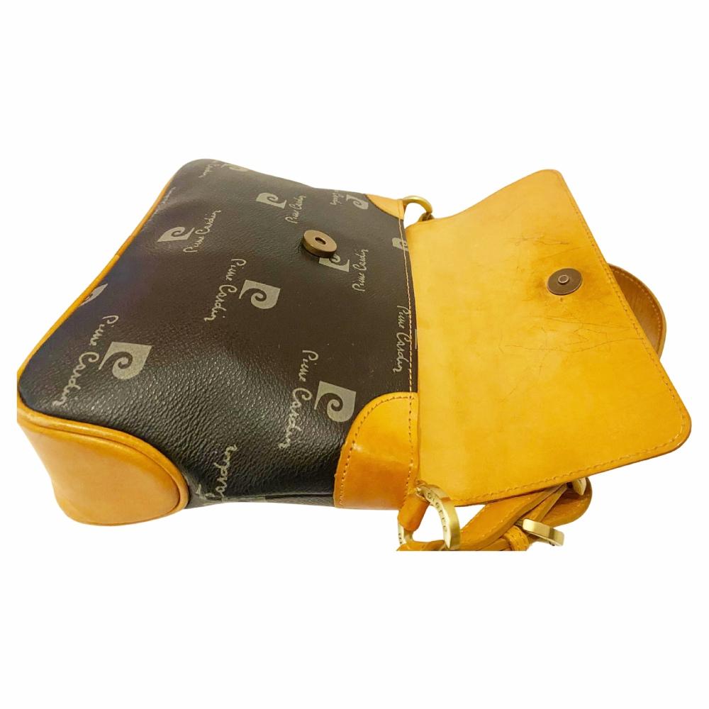 Women's or Men's 1980s Pierre Cardin Black Tan Logo Flap Shoulder Bag For Sale
