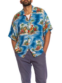1980S PIERRE CARDIN Blue Hawaiian Rayon Tropical Pin-Up Girl Men's Shirt