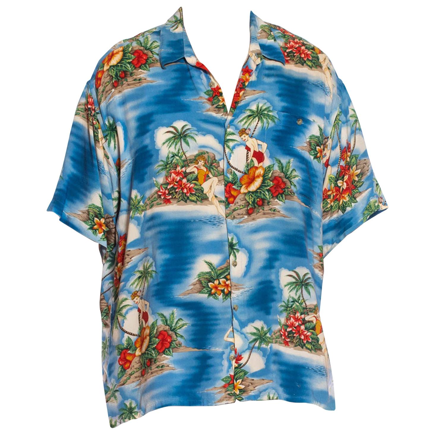 1980S PIERRE CARDIN Blue Hawaiian Rayon Tropical Pin-Up Girl Men
s Shirt