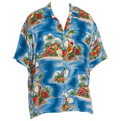 Vintage 1980S PIERRE CARDIN Blue Hawaiian Rayon Tropical Pin-Up Girl Men's Shirt