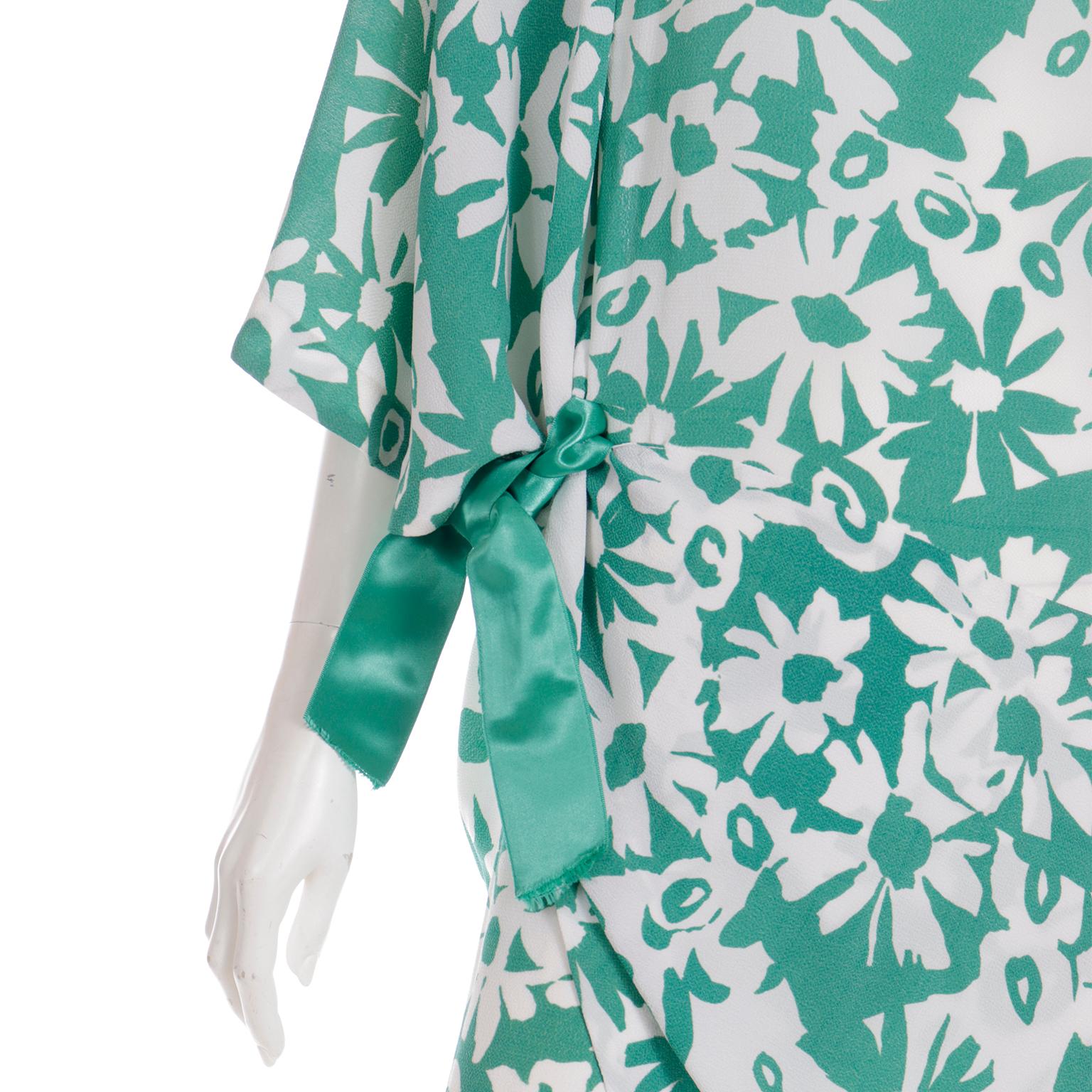 1980s Pierre Cardin Green and White Floral Asymmetrical Dress with Side Tie For Sale 5